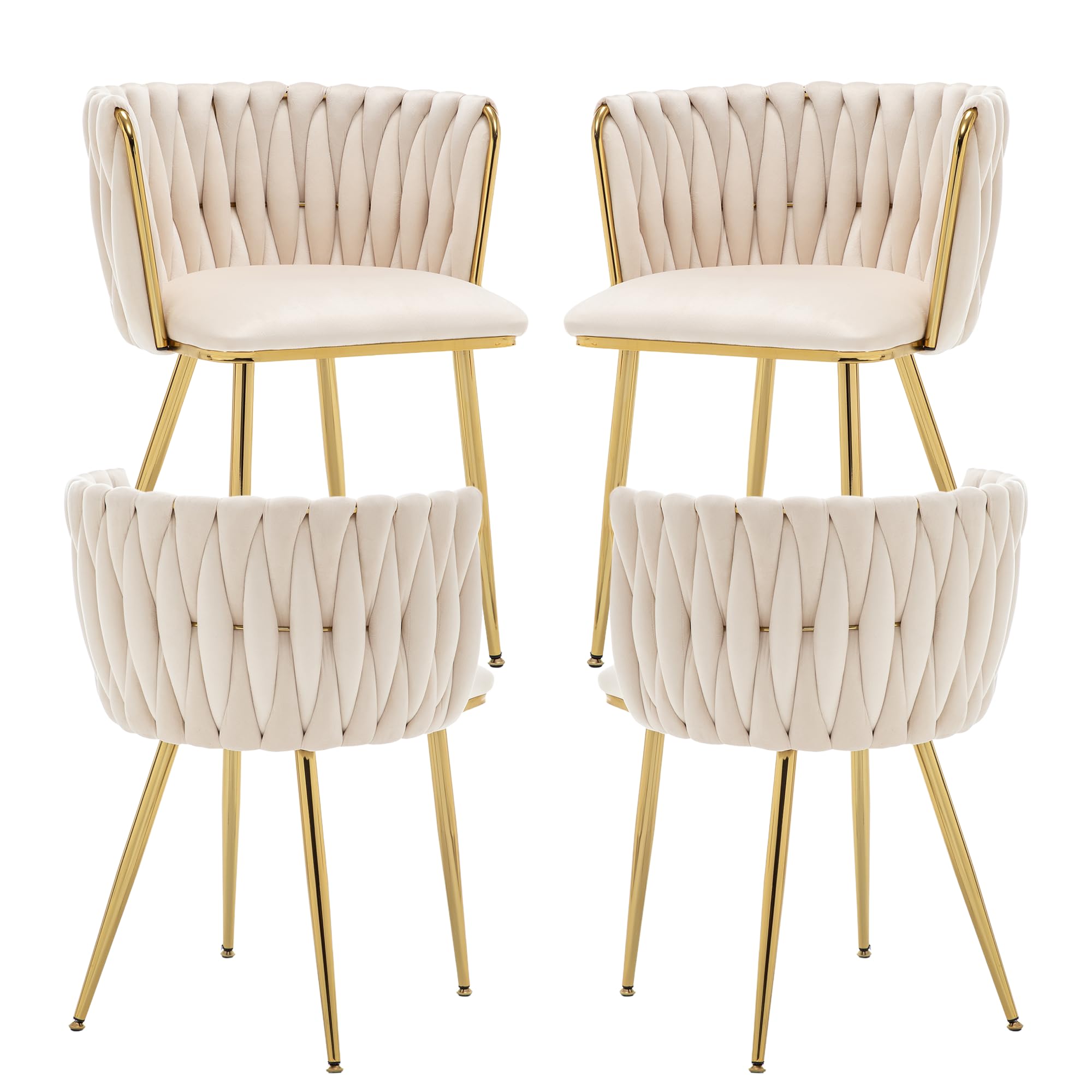 Kiztir Velvet Dining Chairs Set of 4, 4 Piece Upholstered Woven Dining Chairs with Gold Metal Legs Modern Dining Room Chair for Living Room, Bedroom, Kitchen (Beige)