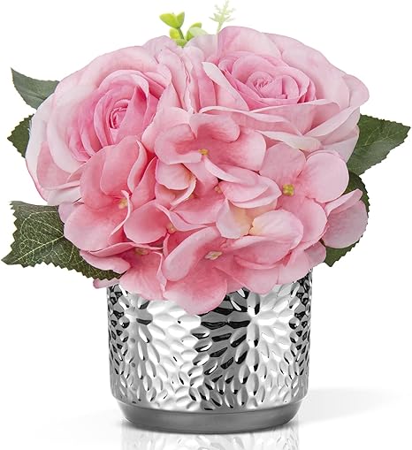 Amazon Com 花瓶人造花絲質繡球花假盆栽花朵粉紅色玫瑰人造花附陶瓷花盆花卉中心適用於桌子家居裝飾浴室廚房婚禮 居家與廚房