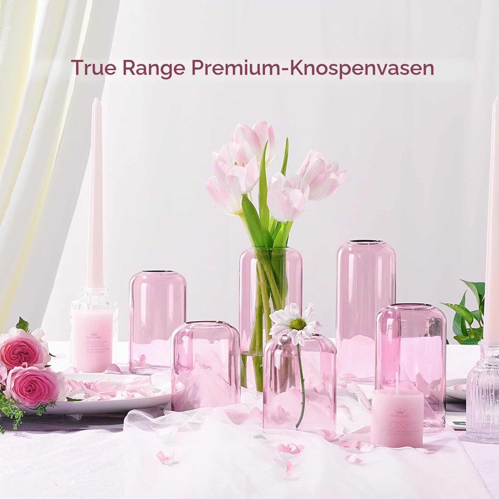 ZENS Knospenvasen 6er Set Rosa Klar Kleine Glasvase für Blumen Moderne mundgeblasene Zylinderglasvase für Hochzeit Empfang Tafelaufsätze Wohnzimmer Deko