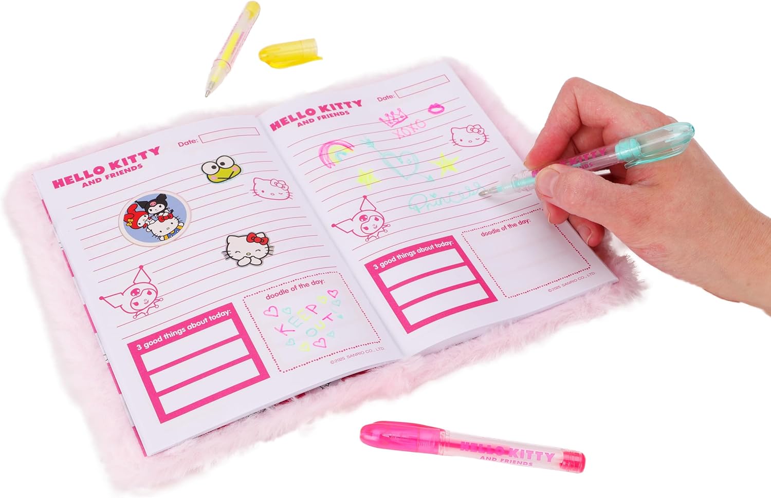 Toyland® Hello Kitty And Friends Pink Fluffy Diary Set - Fluffy Diary, 3 Mini Gel Pens, And Stickers - Girls Stationery Gift Set - Diaries, Journals & Notebooks - Ages 3+