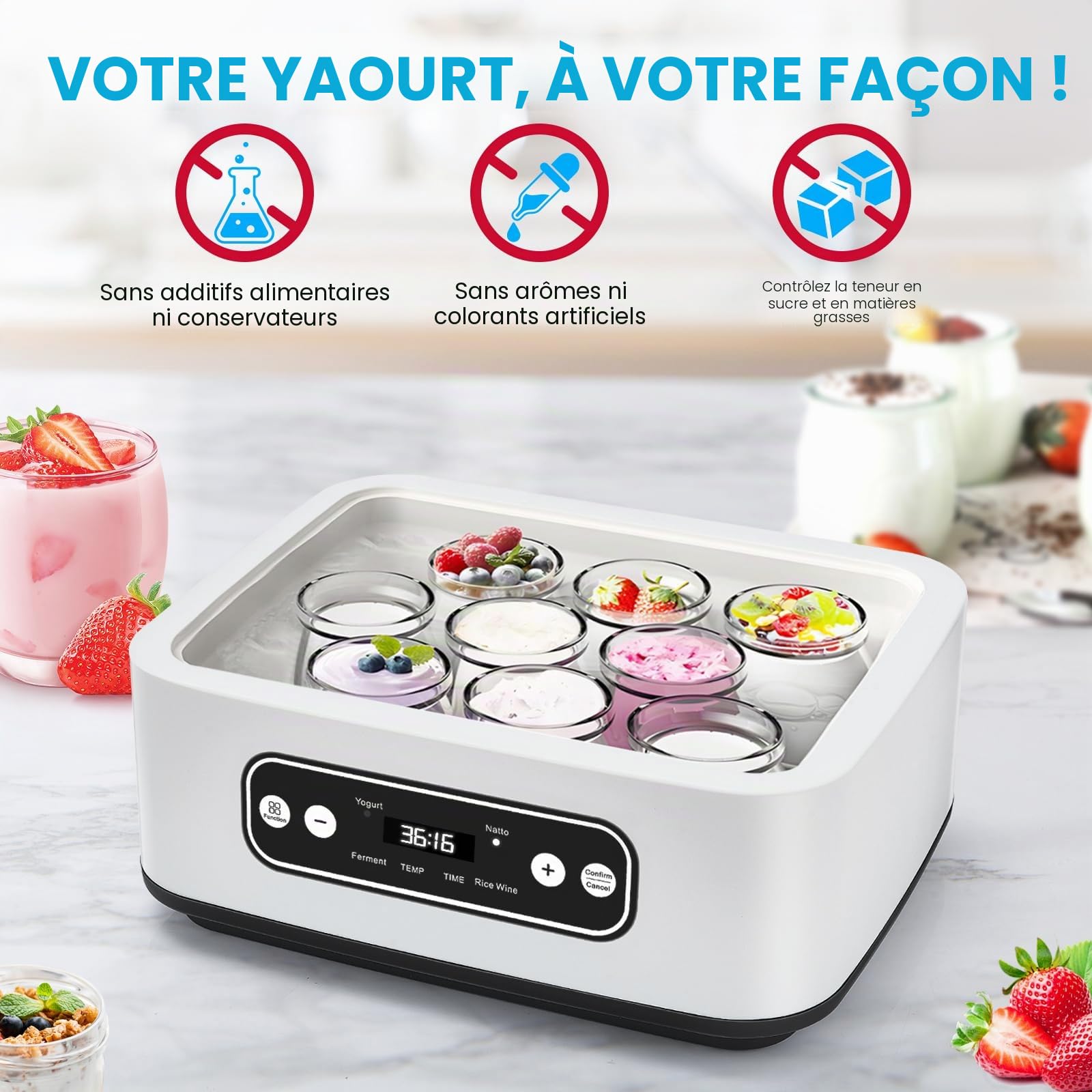 1.6L YaourtièRe, Avec 9 Pots Portables, Pot IntéRieur En Acier Inoxydable 304, Minuterie RéGlable Et Chauffage PTC Pour Yaourt Maison, Natto, Vin De Riz Et Fermentation