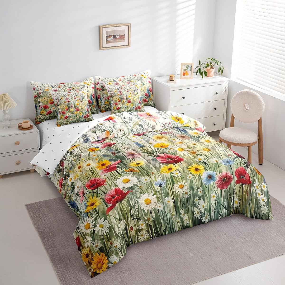 7 Piece Floral Bed in a Bag King Size Nature Botanical Sheet Set for Boys Girls Spring Daisy Print Bedding with Comforter Wildflowers Leaves Plant Print Cushion Covers Butterfly Decor Fitted Sheet 1