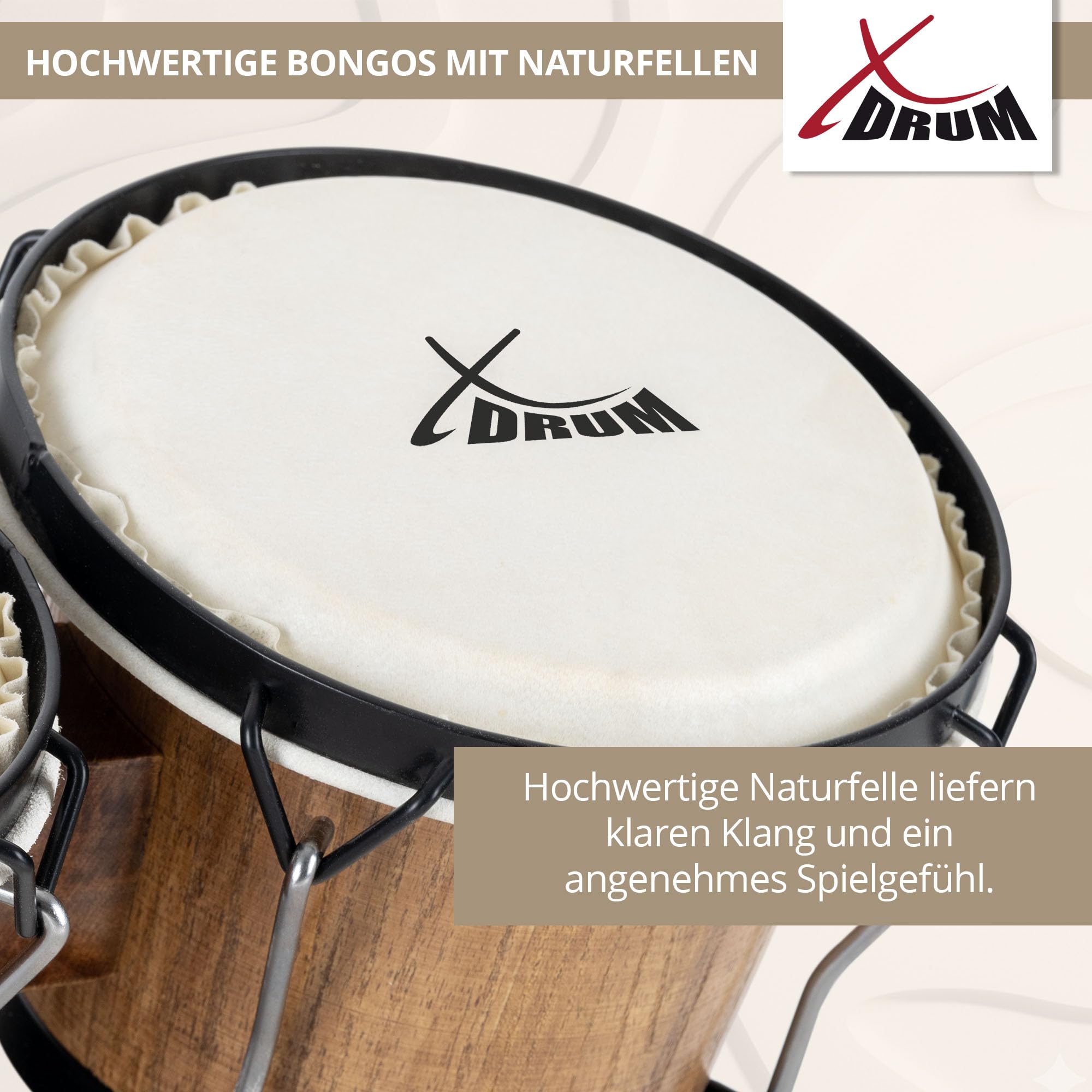 Set XDrum Bongos Club Tobacco incl. Bolsa para Bongos, Parches naturales | 2 tambores ("macho" y "hembra"), Tamaños de bongos: 6" y 7", Madera: abedul, Herrajes cromados, Medidas (Al x An x Pr): 16