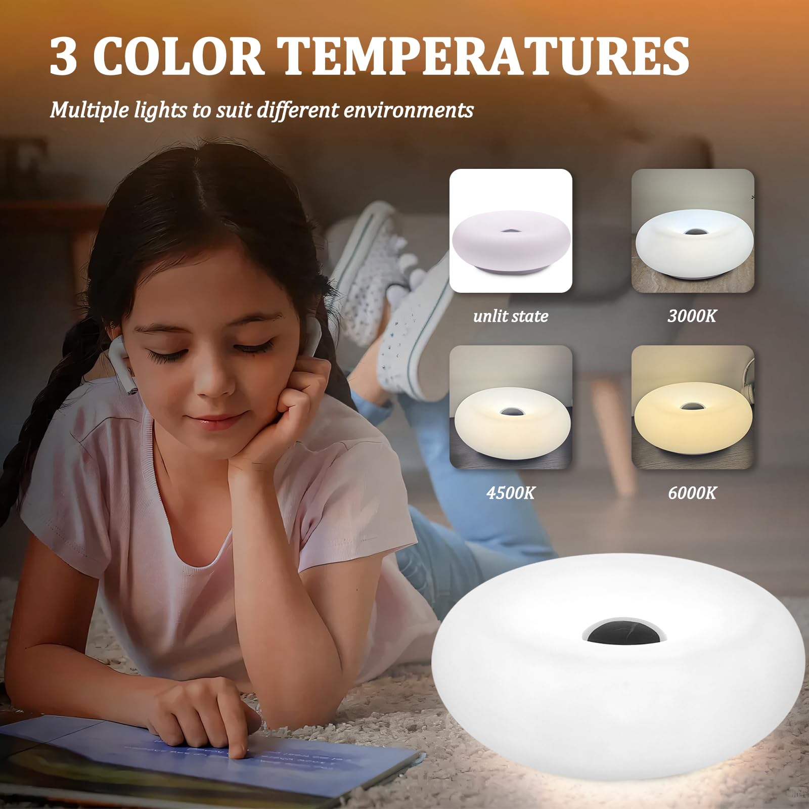 Moderne Donut-Tischlampe im Designer-Design, LED-Nachttischlampe mit strapazierfähigem Lampenschirm, rotationsgeformte kleine dimmbare Nachttischlampe mit 3 Lichtfarben (KEIN Glas) (Weiß)