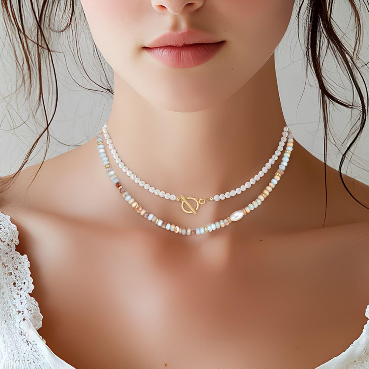 Beaded Necklace for Women Pearl Choker Layered Colorful Beaded Necklaces Beach Boho Natural Gemstones Choker Necklace Jewelry Gift - Image 5