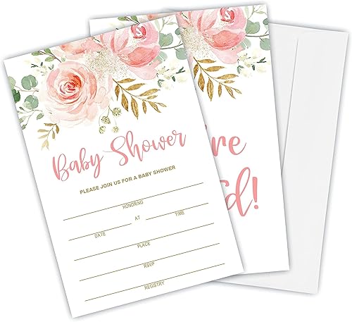 DZIMY BYQK-B10 - Tarjetas de invitación con temática floral de rubor para baby shower, 25 invitaciones con sobres, suministros para fiestas de