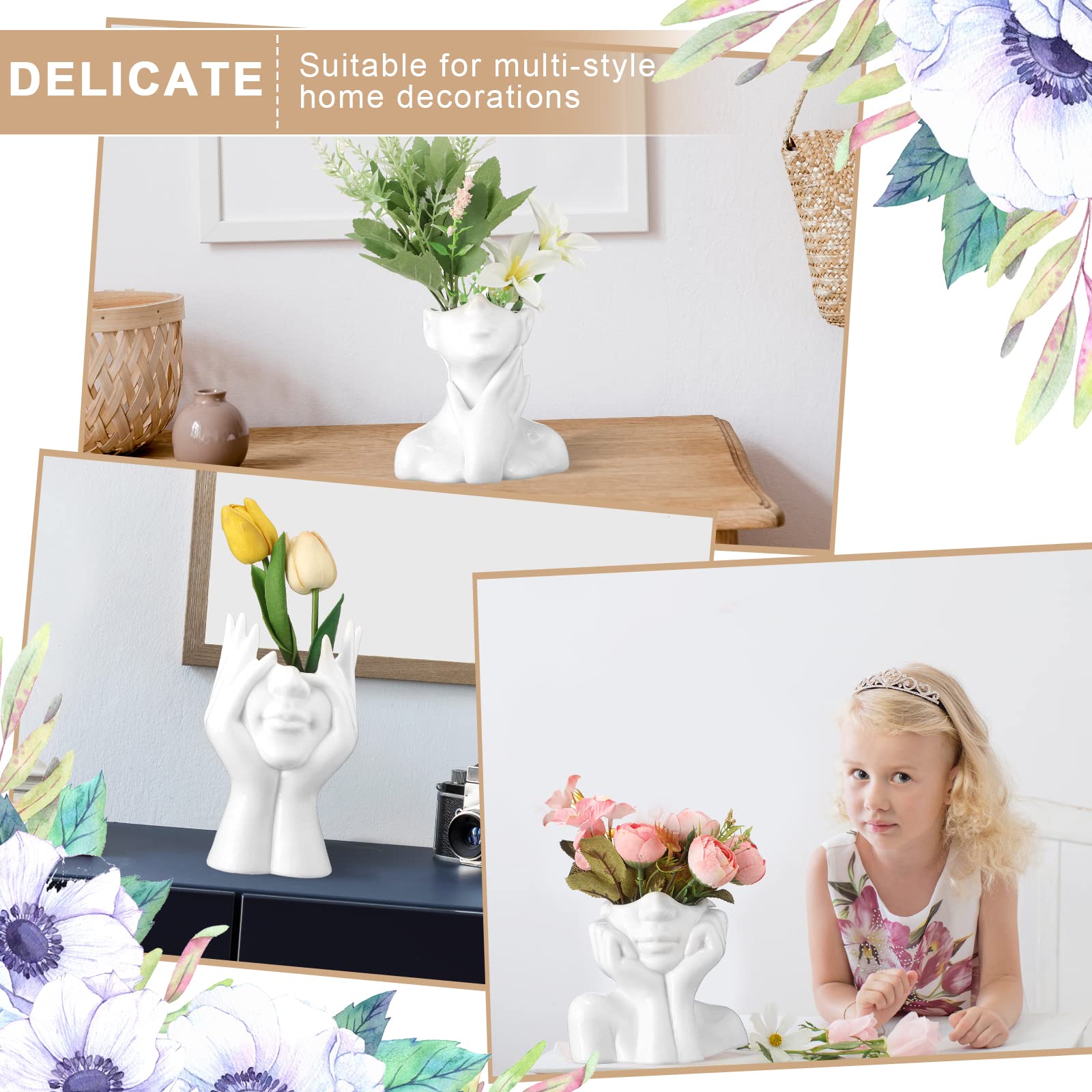 Jarrón de cerámica para la cara, 3 piezas, forma femenina, florero moderno para decoración con cabeza, medio busto, centro de mesa para estante de mesa, hogar, dormitorio, oficina (S, blanco) 7