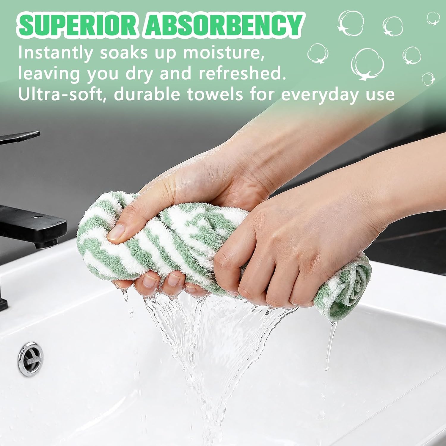 PHOGARY 2 Pack Fingertip Bath Towels, Soft Absorbent Body Face Cloth, Microfiber Washcloths Green Leaf Design, 35x75 cm Hand Towels with Hanging Loop for Bathroom Kitchen