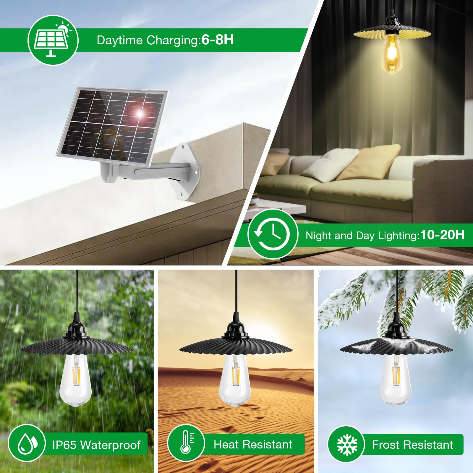 Lampe Solaire Exterieur, Intérieur Eclairage Exterieur Solaire avec Télécommande 10M, Recharge USB 5200mAh Capacité de la Batterie, IP65 étanche, pour Jardin Pergola Chemins Garage (1 Lumière)