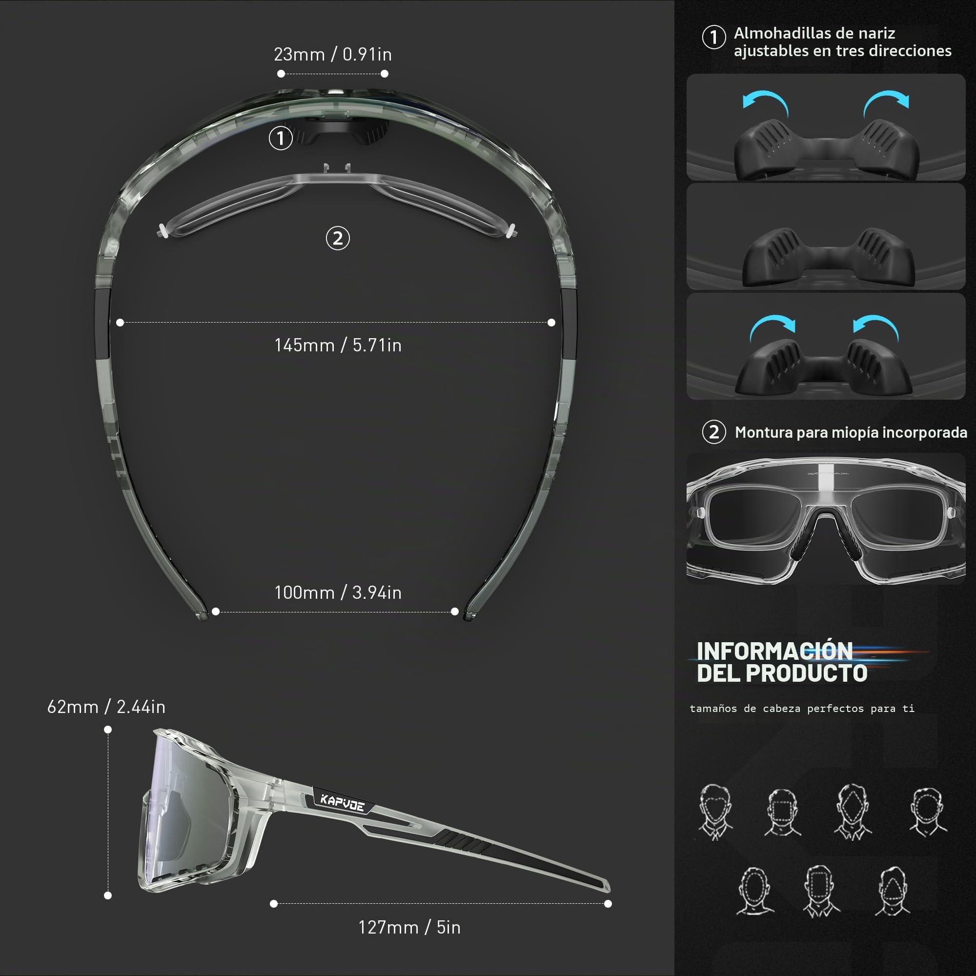 KAPVOE Gafas Ciclismo Fotocromáticas Lente y Montura UV400 Color Verde K76 | Lente & montura fotocromáticas, lente transparente a verde CAT.1-CAT.2, UV400, almohadilla regulable