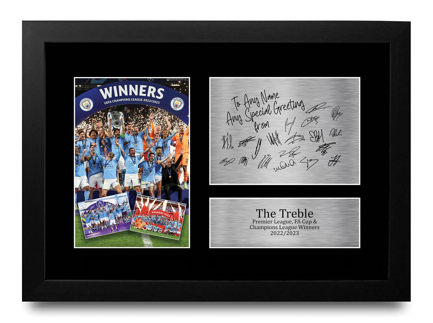 HWC Trading Manchester City Treble 2022-23 Treble Winners Personalised Gift - Signed Autograph Picture, Framed A4 Football Memorabilia with Custom Name Message for Birthday Christmas Wedding