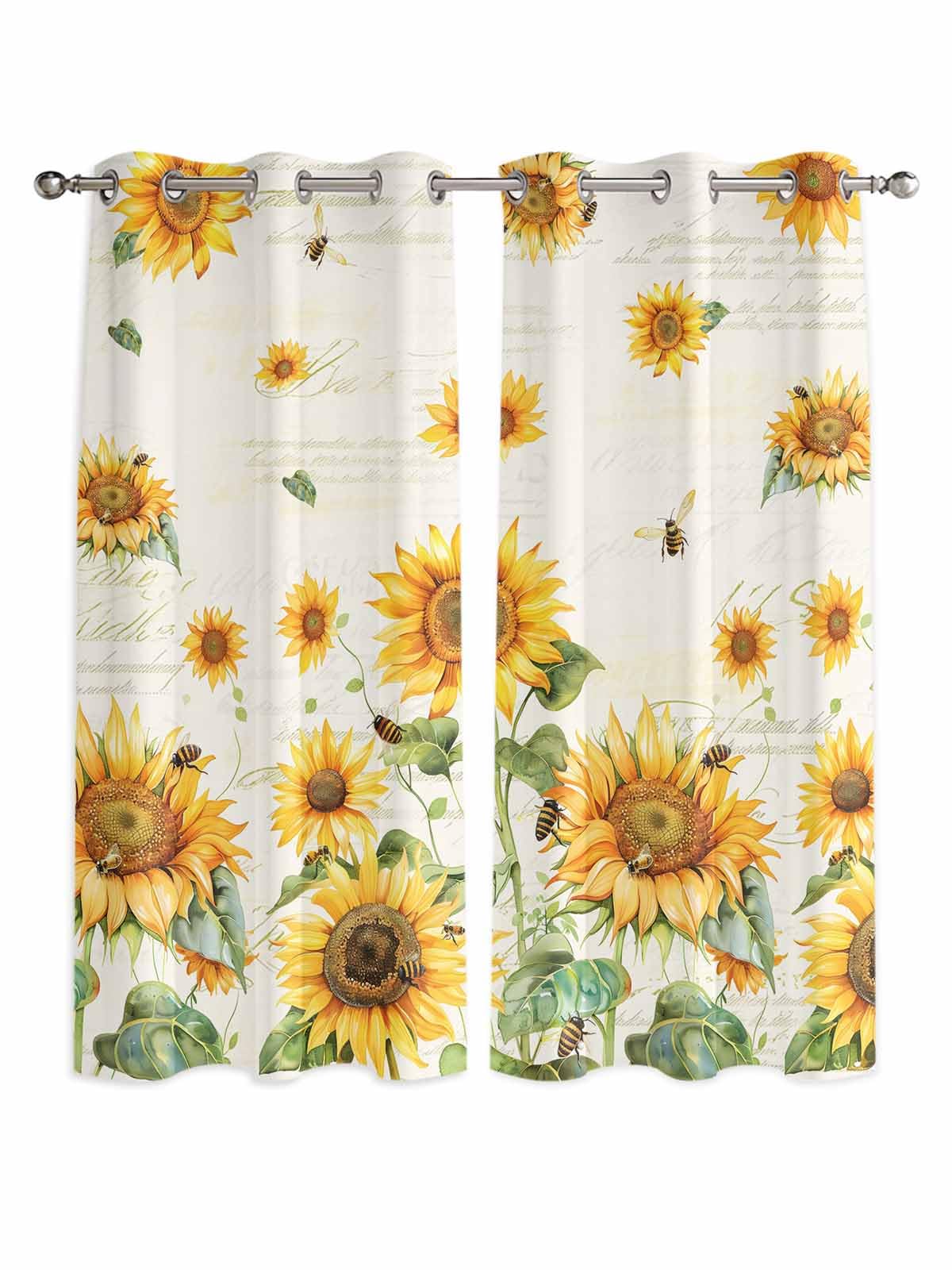 Yellow Sunflower Window Curtains Panels with Silver Grommet,Vintage Country Bee Farmhouse Floral Kitchen Cafe Curtain Draperies Window Treatment Set for Living Room/Bedroom/Bathroom/Cafe,84x84