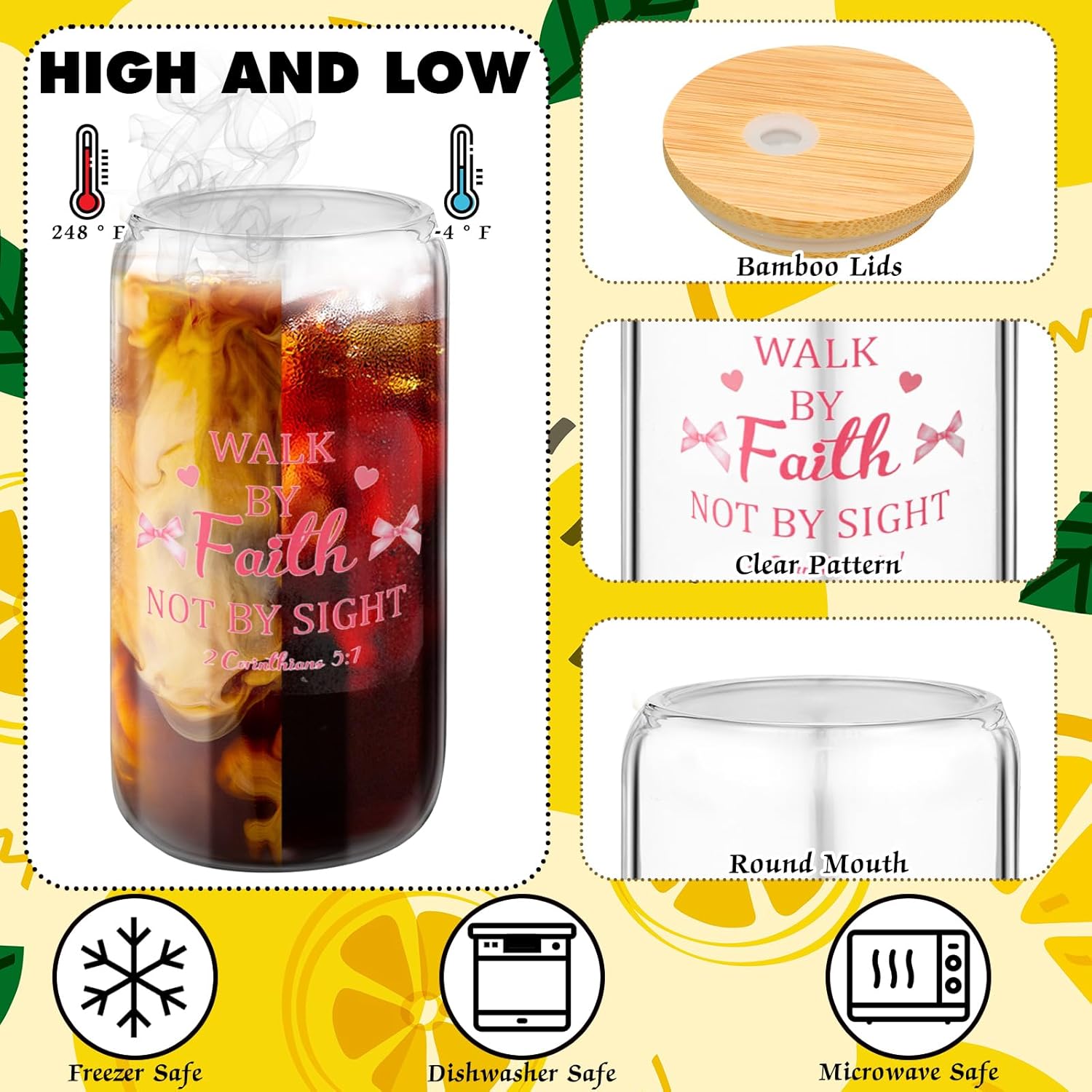 6 Sets Coquette Bow Glass Cup 16oz Pink Bow Glass Cup with Lids and Straws Bible Verse Coffee Tumbler Drinking Jars with Box and Card Christian Valentine's Day Mother's Day Gifts for Women - Image 3