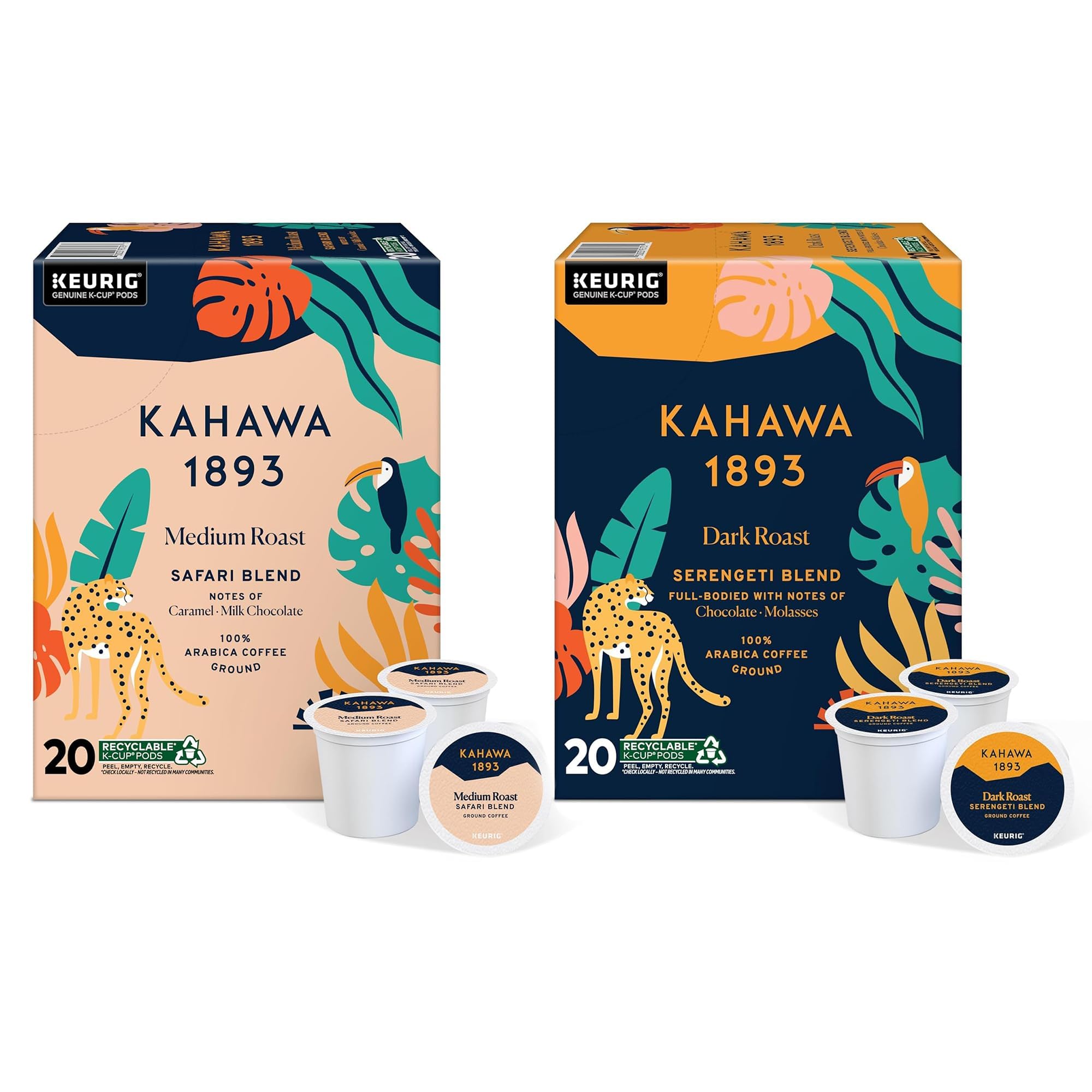 Kahawa 1893 Variety Pack Coffee K-Cup Pods - Safari & Serengeti Blend (40 Count) - As Seen on Shark Tank, 2 Boxes Medium Roast + 2 Boxes Dark Roast,