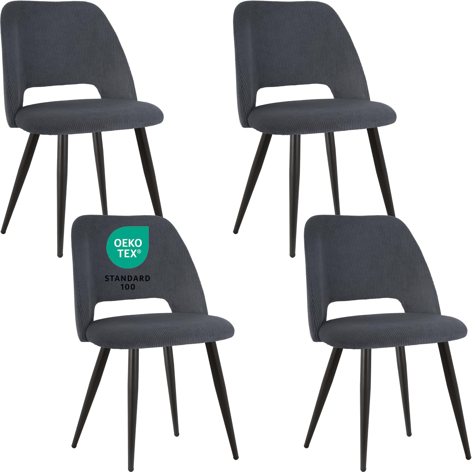 JIJIAN Pack de 4 Sillas de Comedor, Sillas de Cocina, Sillas de Salón, Sillas de Terciopelo a Rayas con Respaldos Recortados, Sillas Tapizadas para Comedor, Cocina, Dormitorio, Recepción, Negro