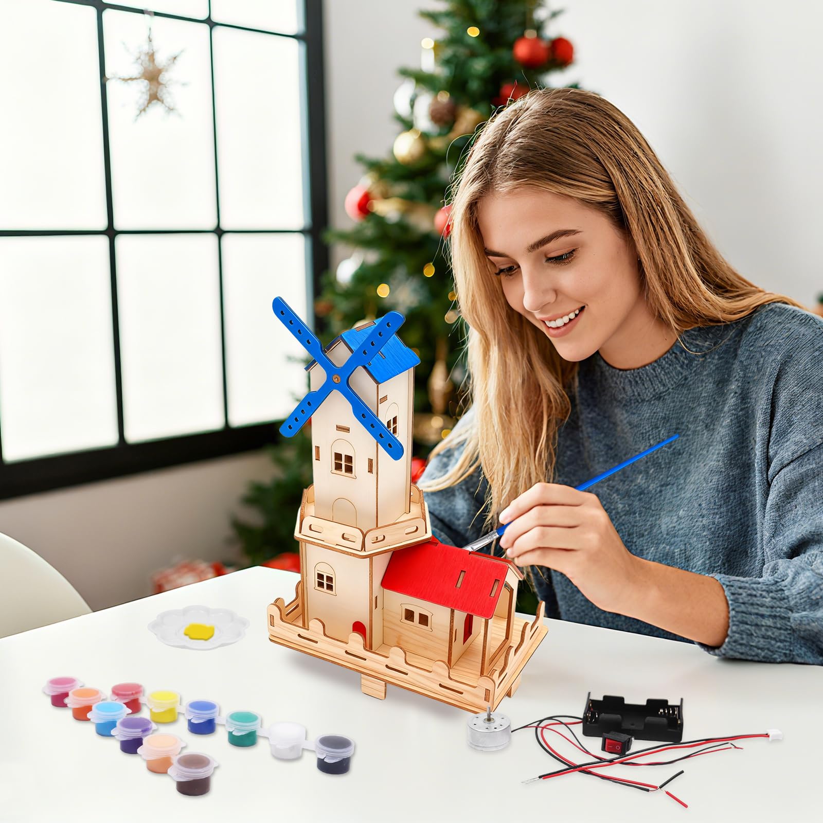Zestaw konstrukcyjny wiatraka, zestaw DIY drewniany wiatrak, zestaw elektroniki DIY, eksperymenty drewniane i naukowe dla dzieci, zbuduj własne elektroniczne obwody FM