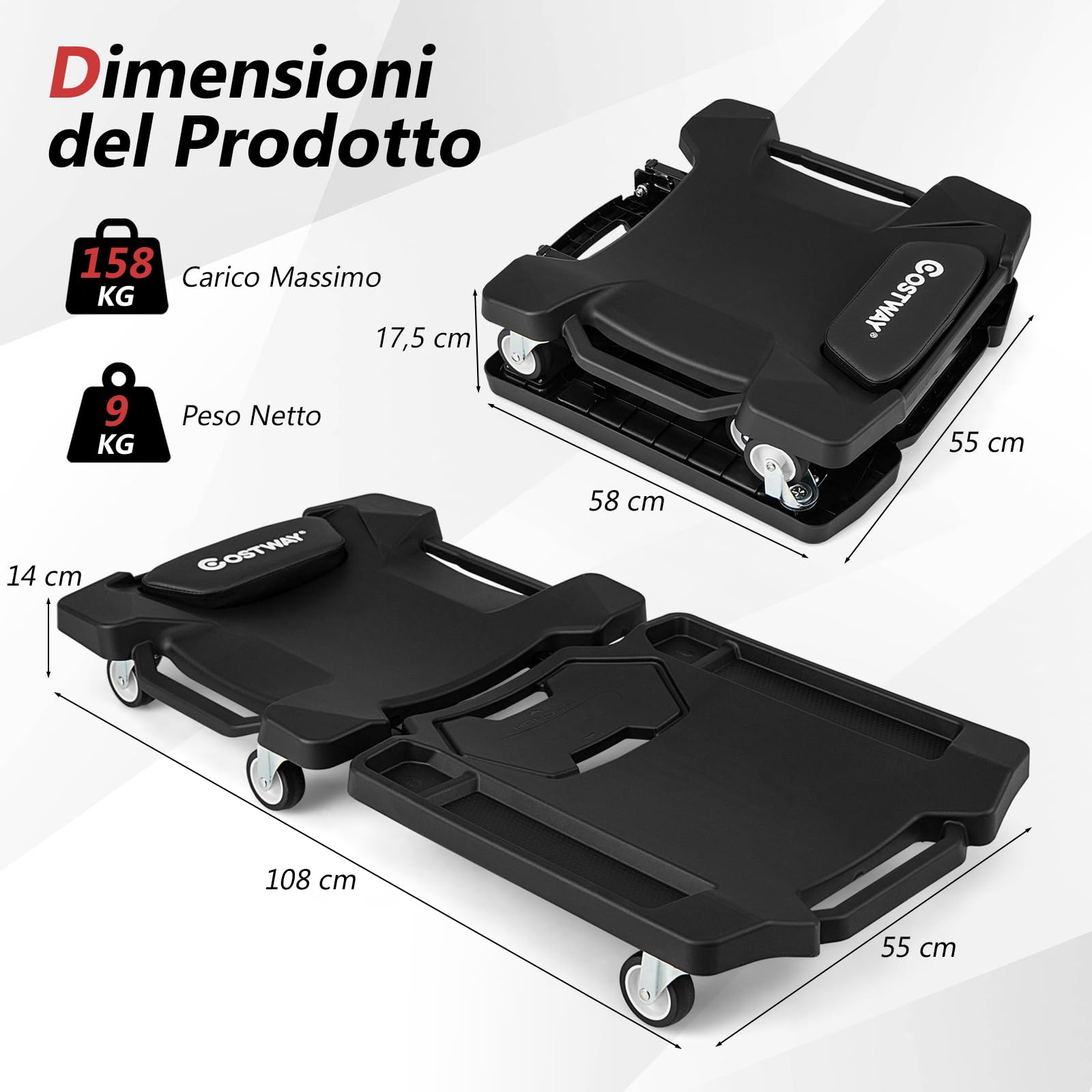 COSTWAY Carrello Sotto Auto Pieghevole, Lettino Sottomacchina da Meccanico con Poggiatesta Imbottito e Vassoio Portautensili, Portata 158 kg, Sdraio da Officina con Ruote per Garage e Riparazioni Auto