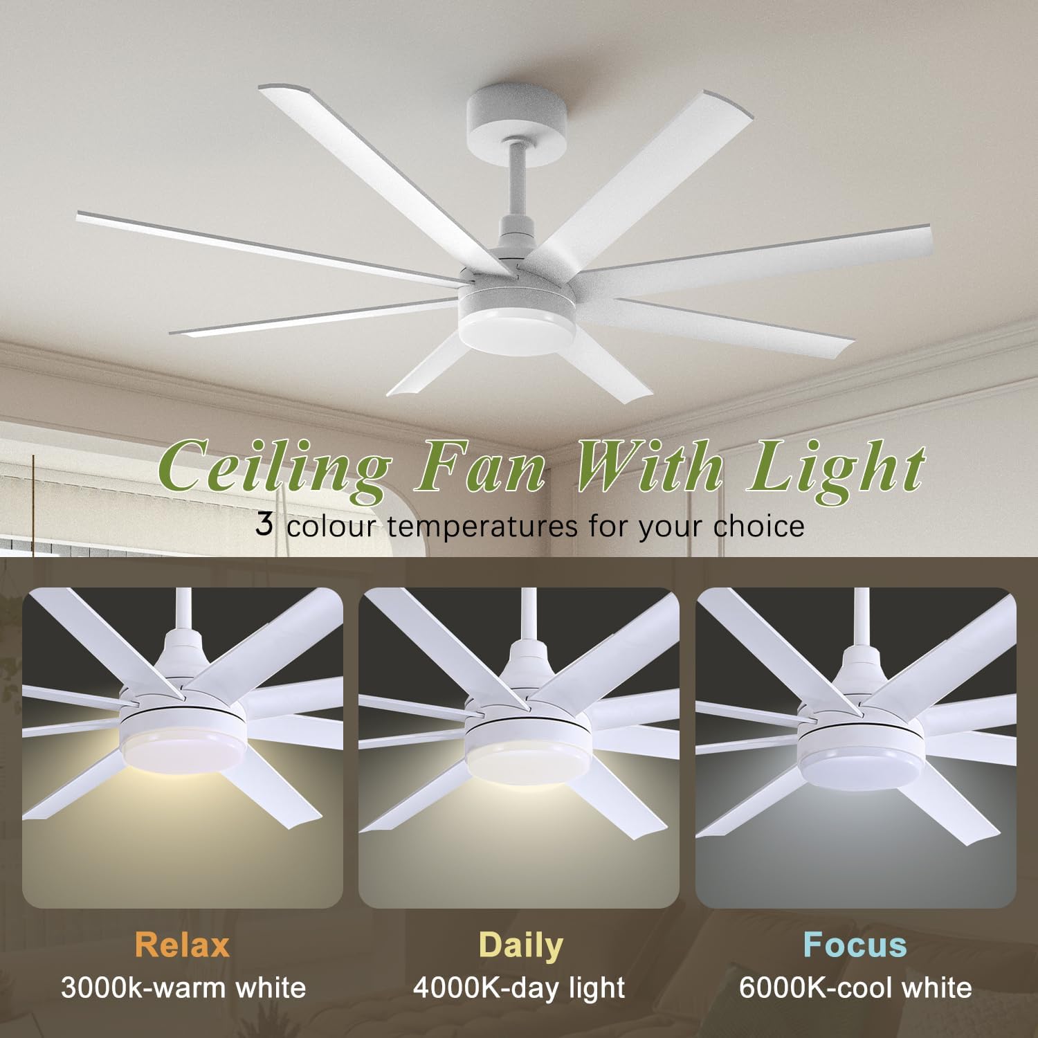 65 Inch LED Morden White Ceiling Fan with Lights and Remote Control Quite DC 6 Speeds Motor,3 Color Temperature for Living Room Master Bedroom Decor Patios