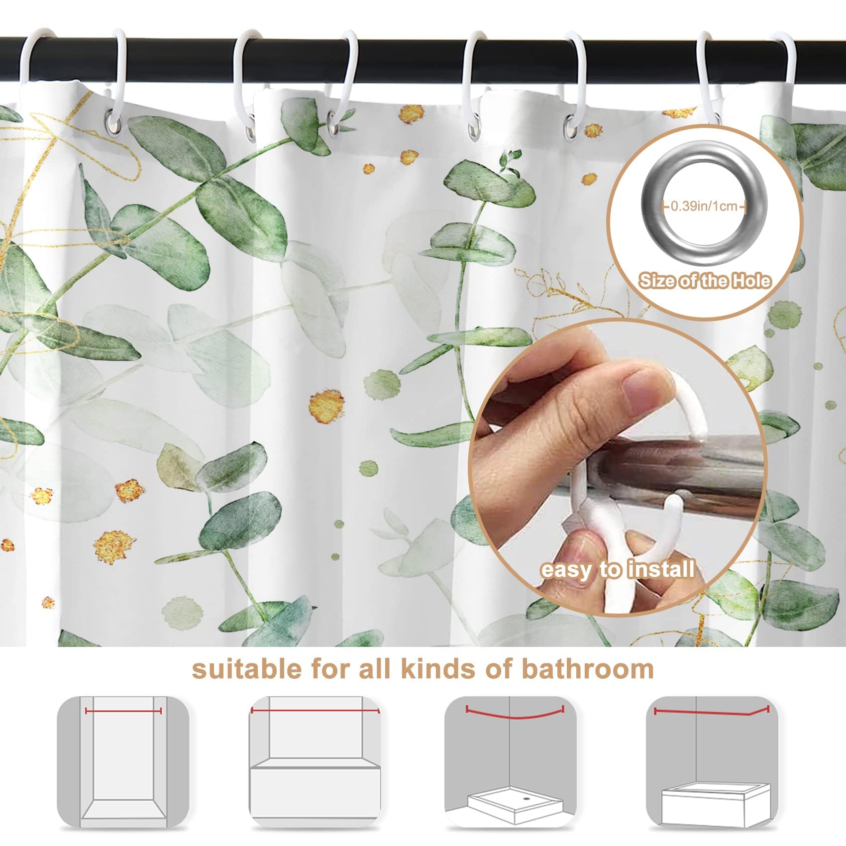 Ruelvth Green Eucalyptus Shower Curtain, Spring Watercolor Plant Leaves With Floral Shower Curtain For Bathroom Waterproof Fabric Shower Curtain Set With Hooks, 72x72 Inch