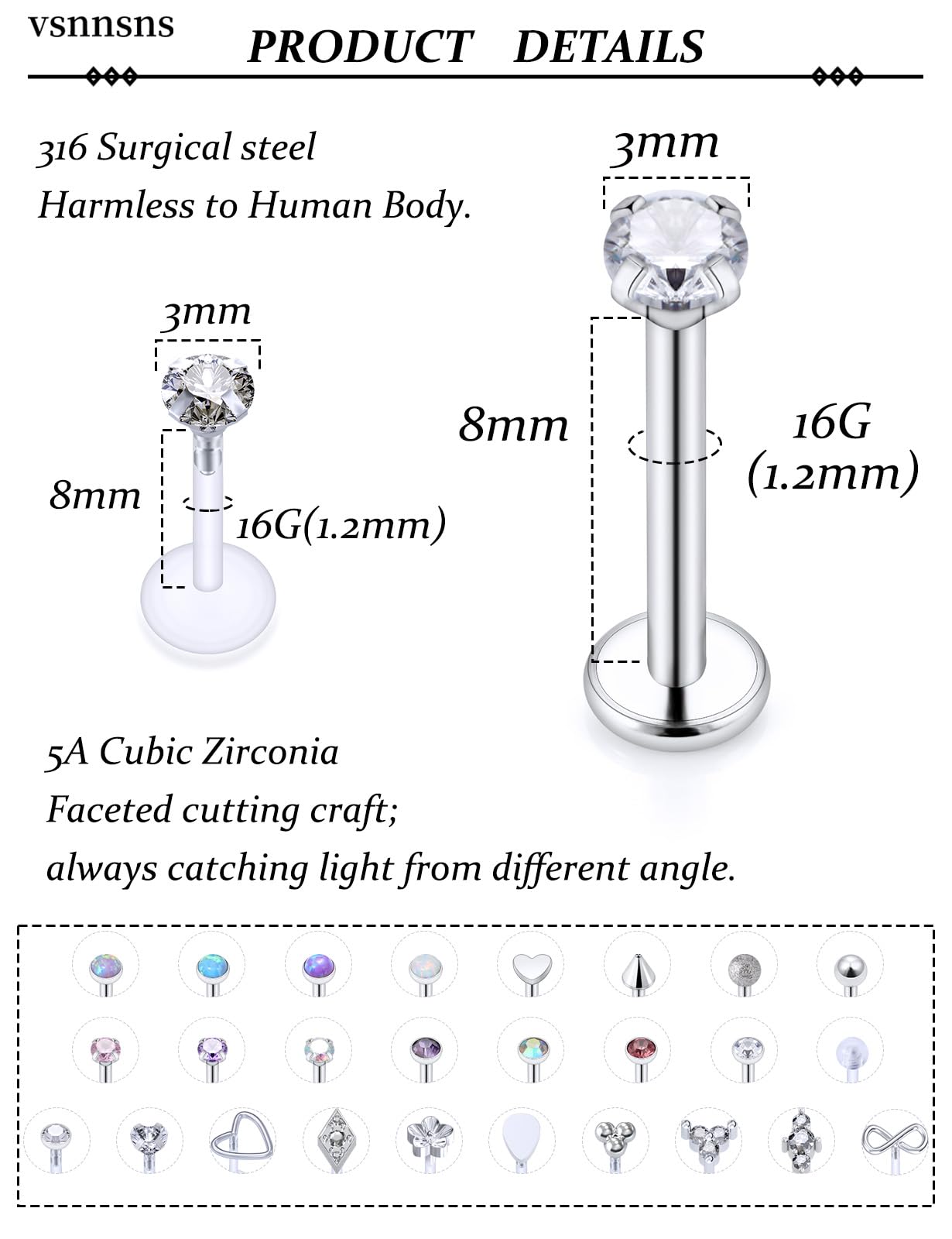 Anillos de labio de 16 g, acero inoxidable, ópalo labret monroe para labio, cartílago, tragus, hélice, pendientes de medusa, 8 mm, 28 unidades