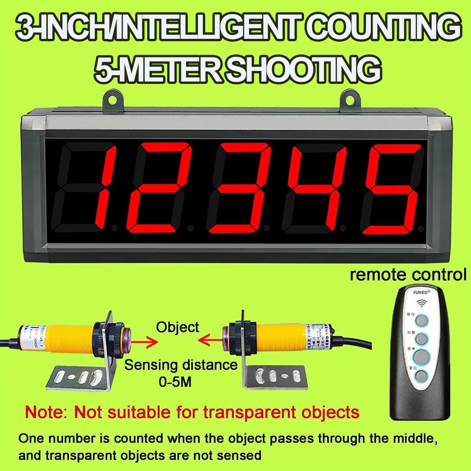 Digitaler Zähler, 3-Zoll-LED-Display mit Fernbedienung, Power-Off-Speicher, zählt bis zu 99999, Induktionsabstand 0-5M, für Produktionslinie, Förderbänder, Fabriken