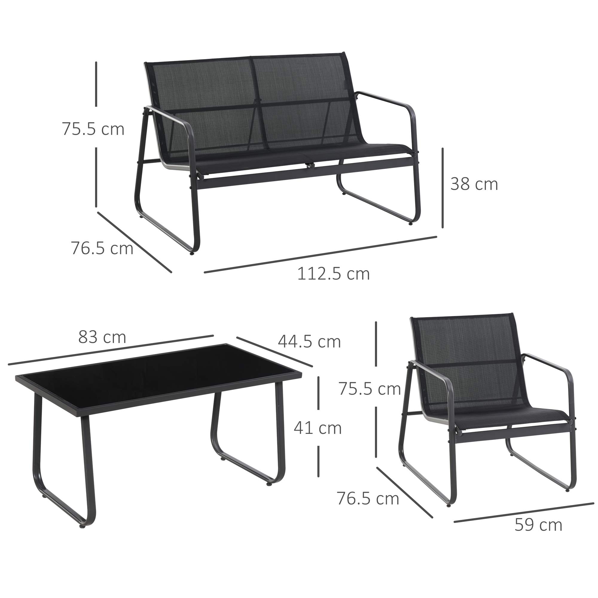 Outsunny Set Salotto da Giardino 4 Pezzi, Divanetto 2 Posti, Sedie, Tavolino Vetro Temperato, Metallo e Texteline, Nero