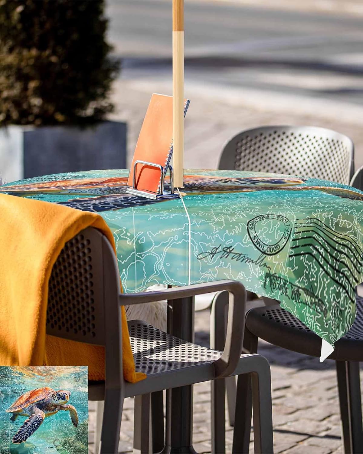 Sea Turtle Outdoor Tablecloth - 60x60 Inch Square Dining Table Cover, Coastal Nautical Ocean Summer Beach Waterproof Outdoor Table Cloth with Umbrella Hole & Zipper for Picnic/Patio/Party