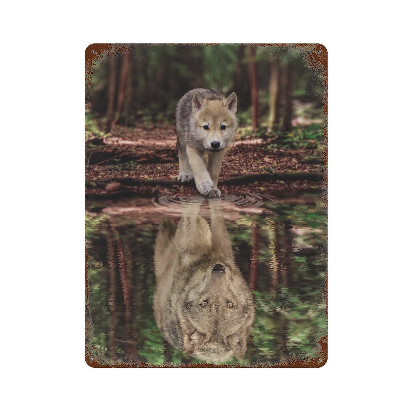 Wolf And Pup Water Reflect Retro Metal Sign 15.7"x11.8", Decorative Metal Wall Art for Basement, Hobby Room And Garage Decor