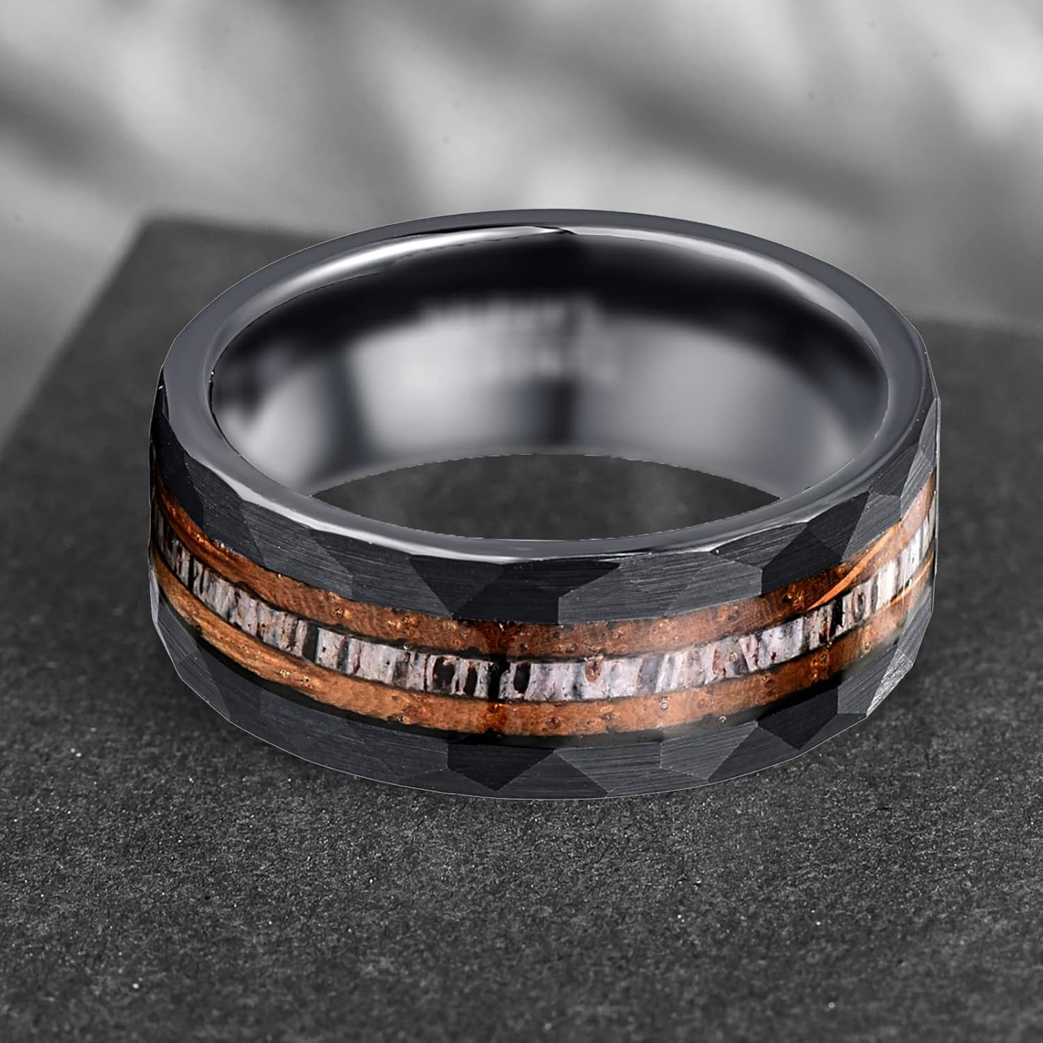 NUNCAD 8mm Tungsten Ring for Men, Black Inlaid Whisky Barrel Wood Antler Hammered Tungsten Wedding Bands Customize Engraved Ring Fit Men Women Size 7-12 - Image 8
