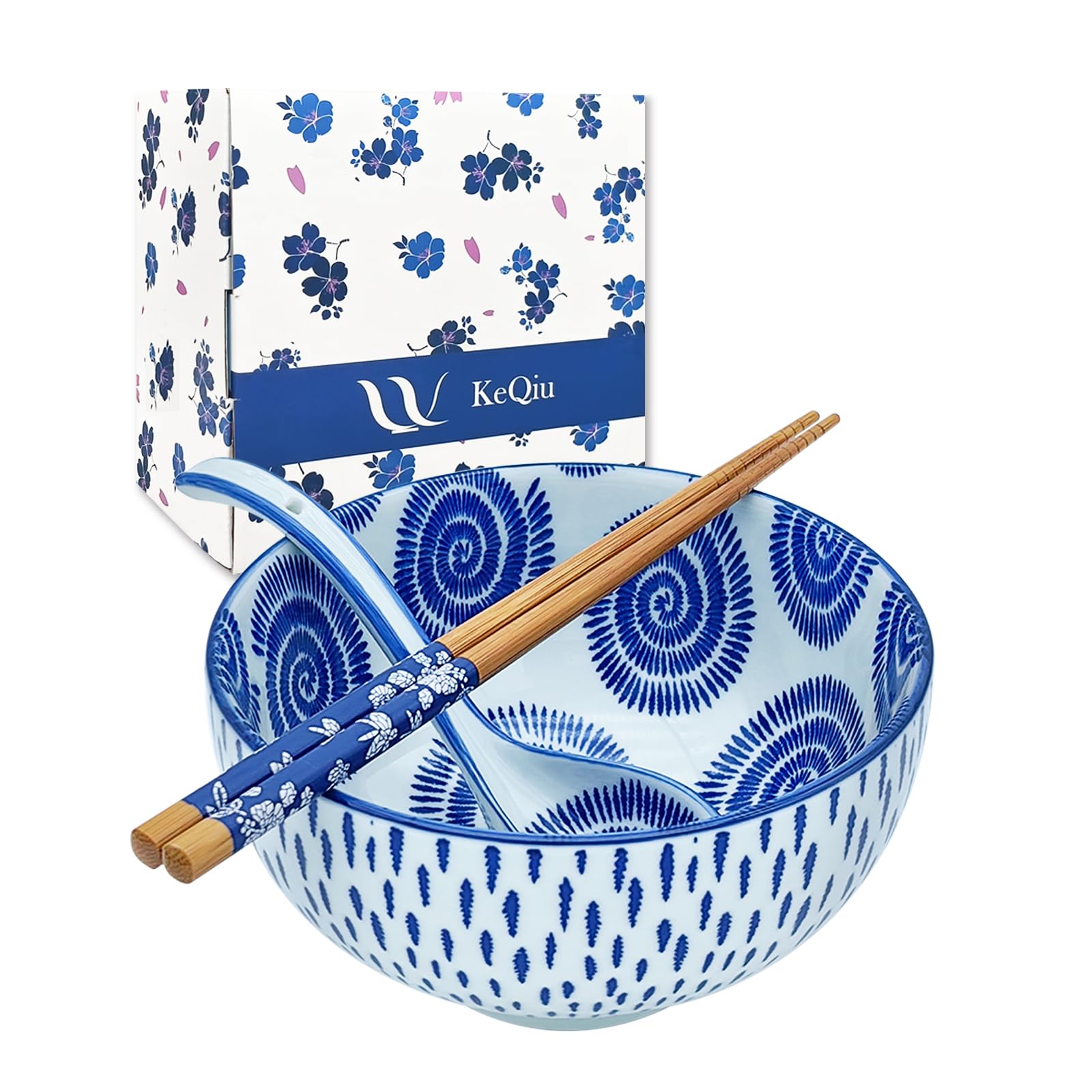 Japanese 28 Oz Ceramic Ramen Noodle Soup Cereal Pho Rice Salad Bowl Set with Chopsticks and Spoons, Premium Gift Set for House Warming, Birthday, Holiday, Microwave Safe, Dishwasher Safe