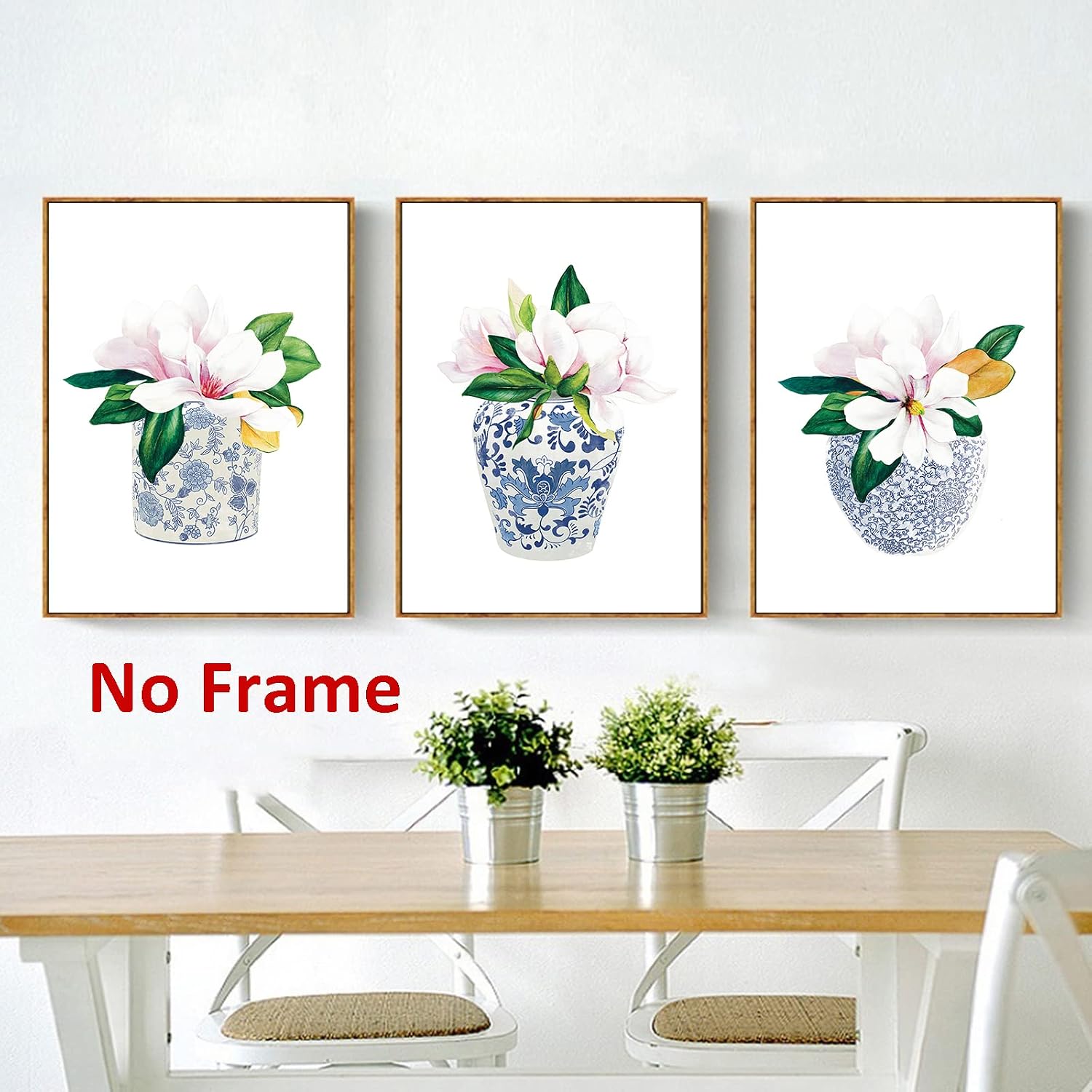 Blue and White Vases Wall Art Flower Vase Canvas Painting Magnolia Flower Wall Art Chinoiserie Pictures Watercolor Floral Artwork Blue and White Chinoiserie Art for Living Room 16x24inx3 Frameless