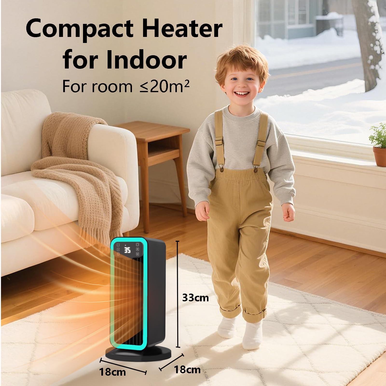 Calefactor Bajo Consumo, 1500W PTC Ceramico Radiador Electrico Portátil con Termostato, Remoto, Oscilación 70°, Temporizador 12H, Protección Contra Sobrecalentamiento y Vuelco, Dormitorio
