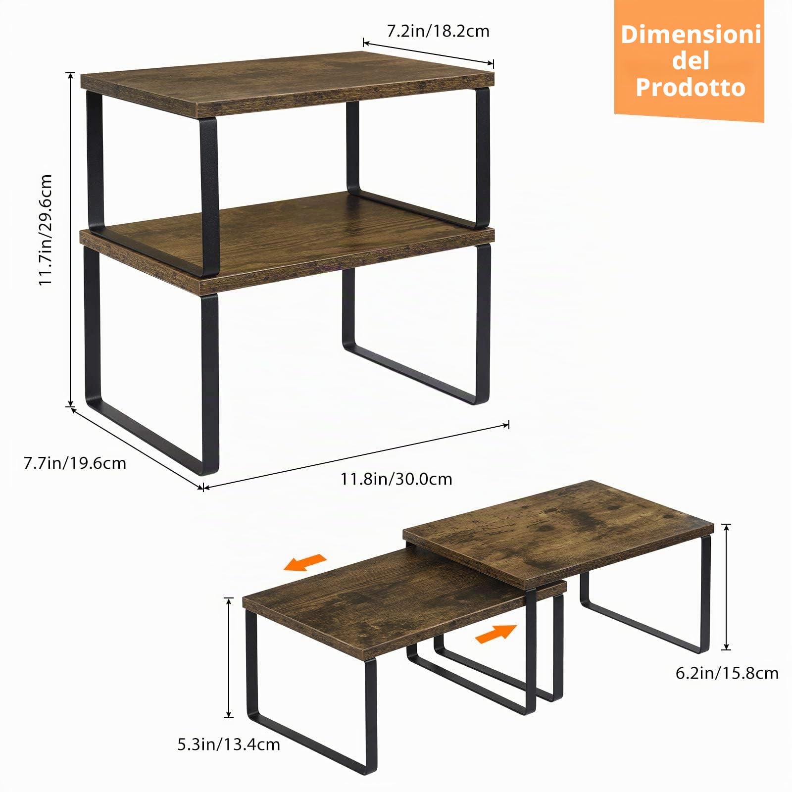 LIANTRAL Organizzatori da Cucina, Set di 4 Scaffali da Banco, Portaoggetti per Armadietto, portaspezie, Impilabile, Espandibile, Metallo e Legno Ingegnerizzato, Marrone Rustico/Nero