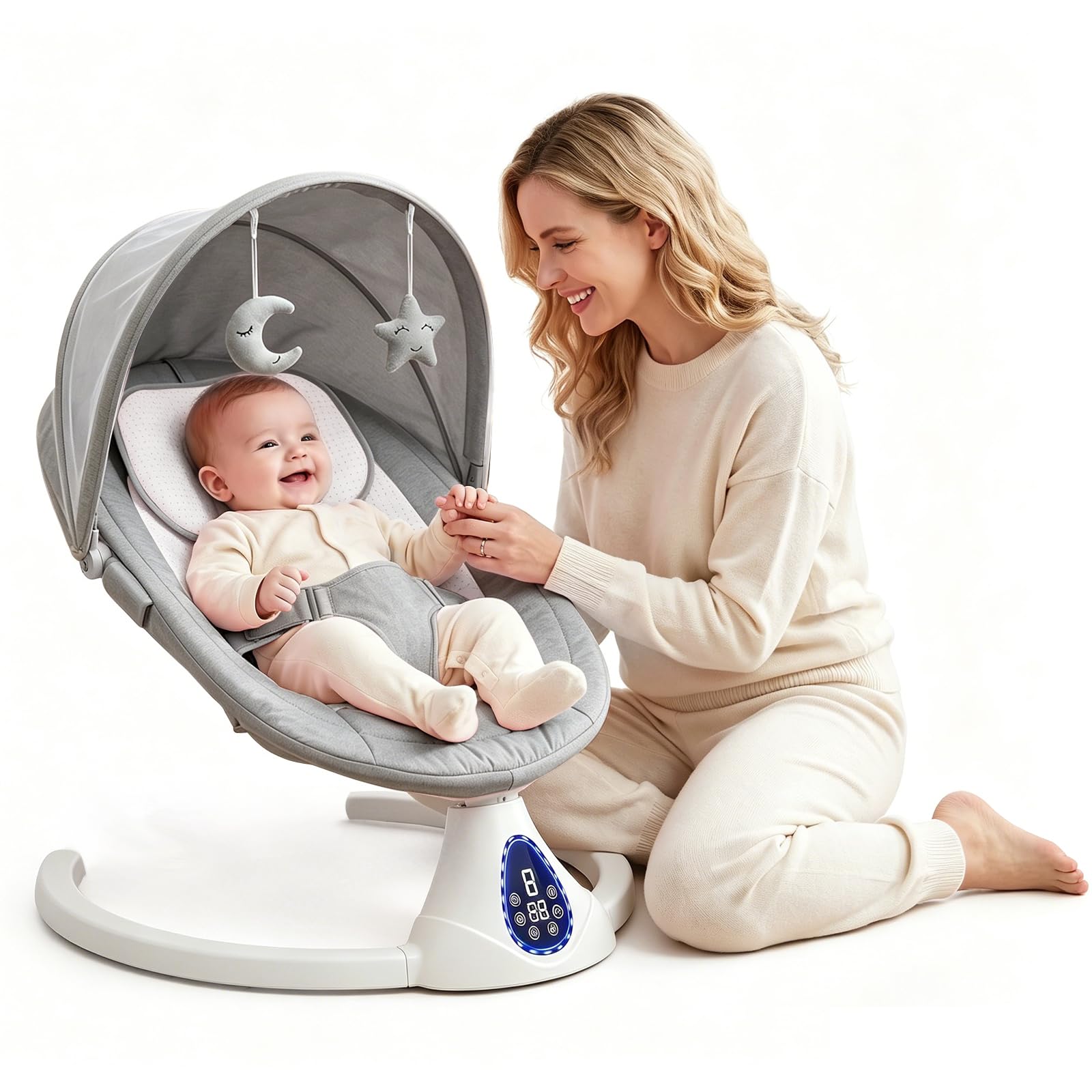 Elektrische Babywippe Schaukeln für Neugeborene, Baby Bouncer Newborn 0-6 Monate mit Weichem Stoff | Klappbarer Baby Rocker mit 5 Gängen, 3 Timer, Weichem Sitz, Bluetooth (Grau)