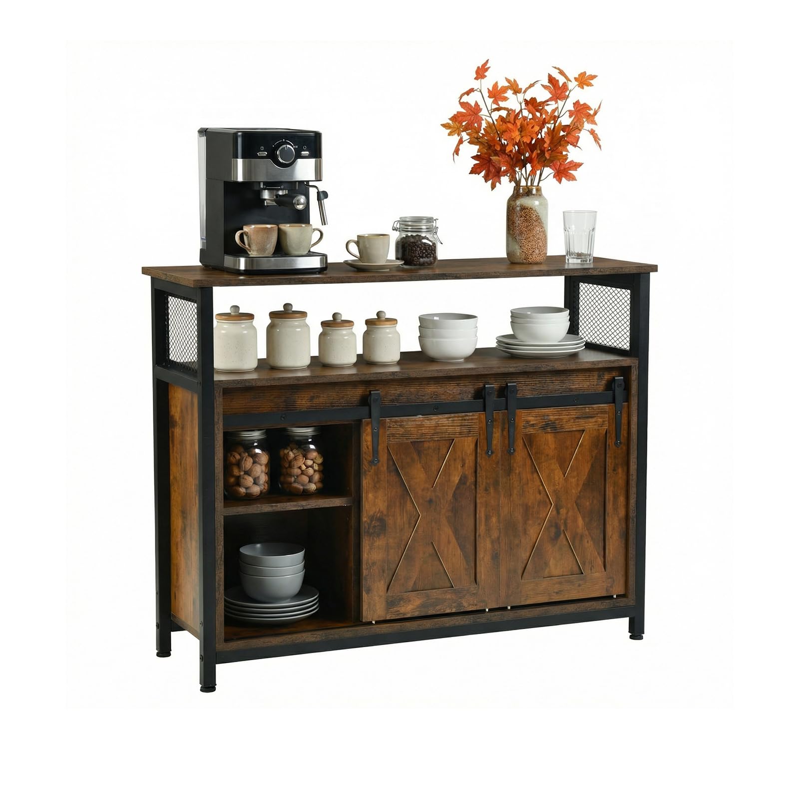 Sideboard, Küchenschrank, Aufbewahrungsschrank, 100 x 33 x 80 cm, mit 2 Schiebetüren, verstellbare Ablagen, Landhausstil, für Wohnzimmer, Esszimmer und Küche, vintagebraun-schwarz