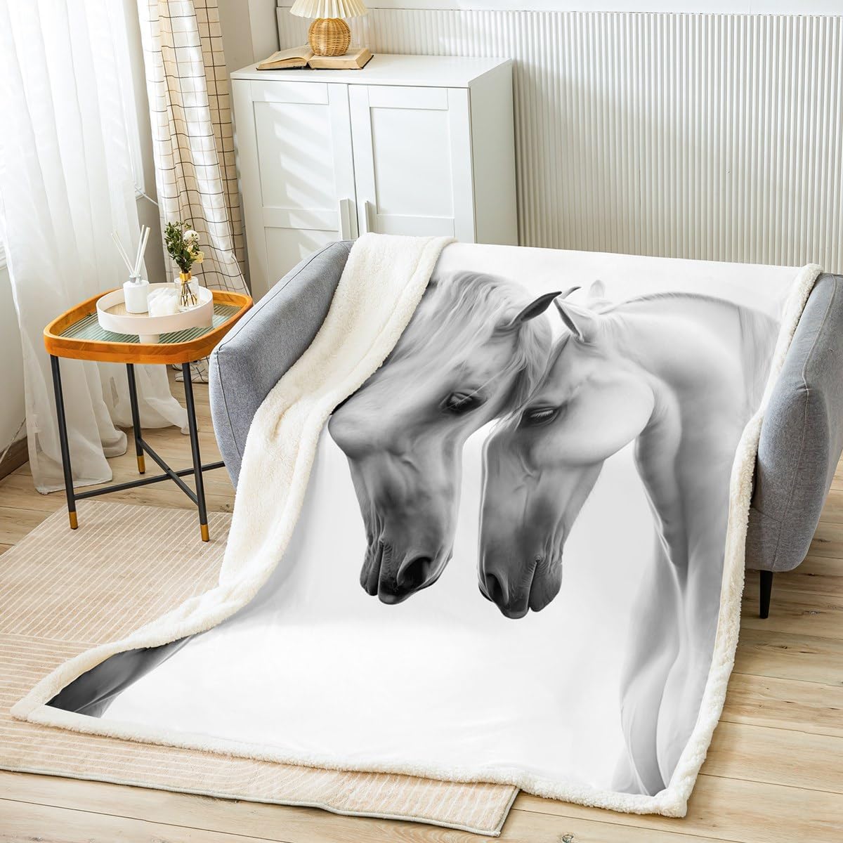 Two Horses Print Sherpa Fleece Blanket White Horses Racing Steed Throw Blanket Intimate Animals Fuzzy Soft Blanket Bed Couch,Queen Size (90 x 90 Inches)