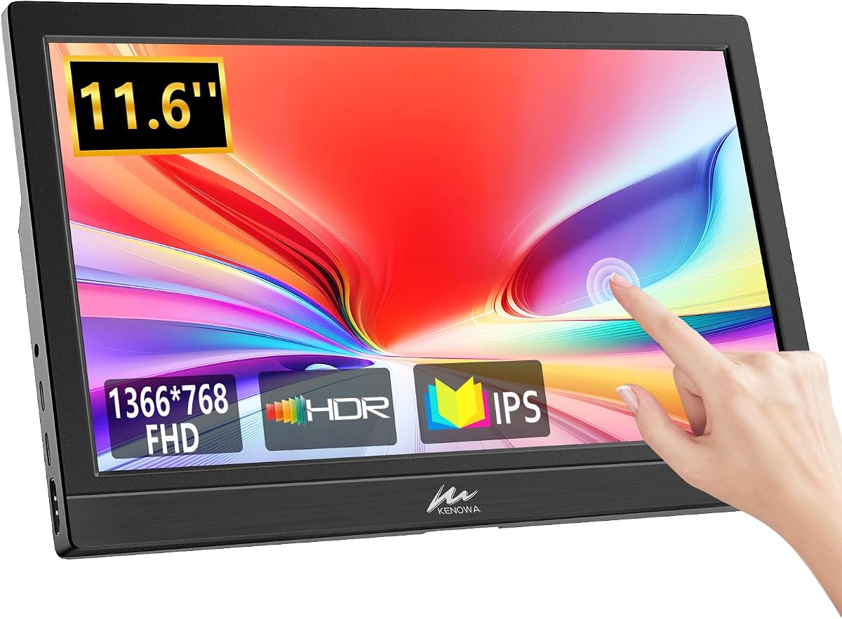 Kenowa Touchscreen Portable Monitor 11.6 Inch, HD 1366x768P LED External Display with USB C HDMI and Speakers & Stand, Travel Monitor Second Screen for Laptop Phone Ras Pi