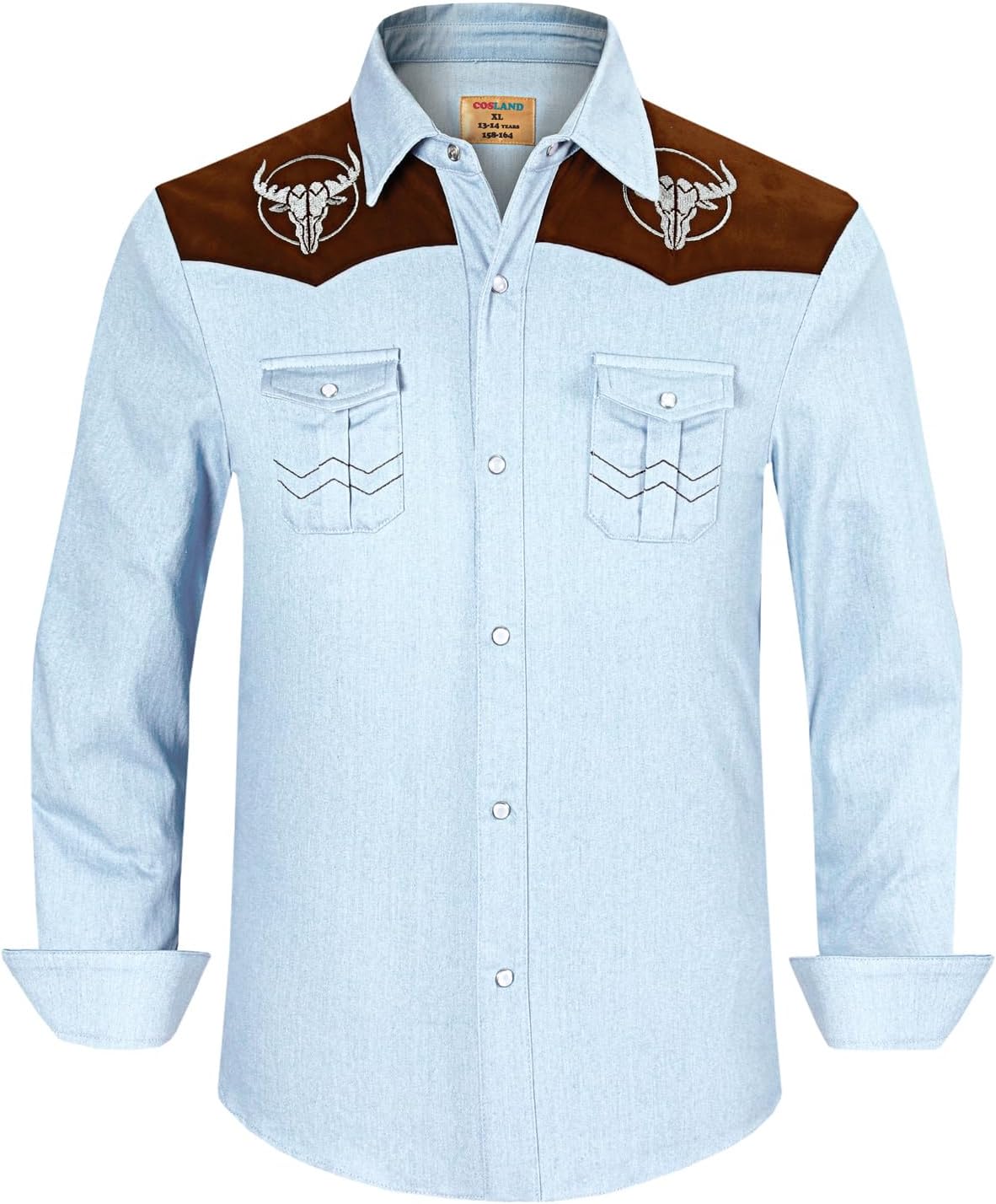 COSLAND Boys Western Cowboy Denim Shirt Kids Long Sleeve Embroidered Pearl Snap Shirts