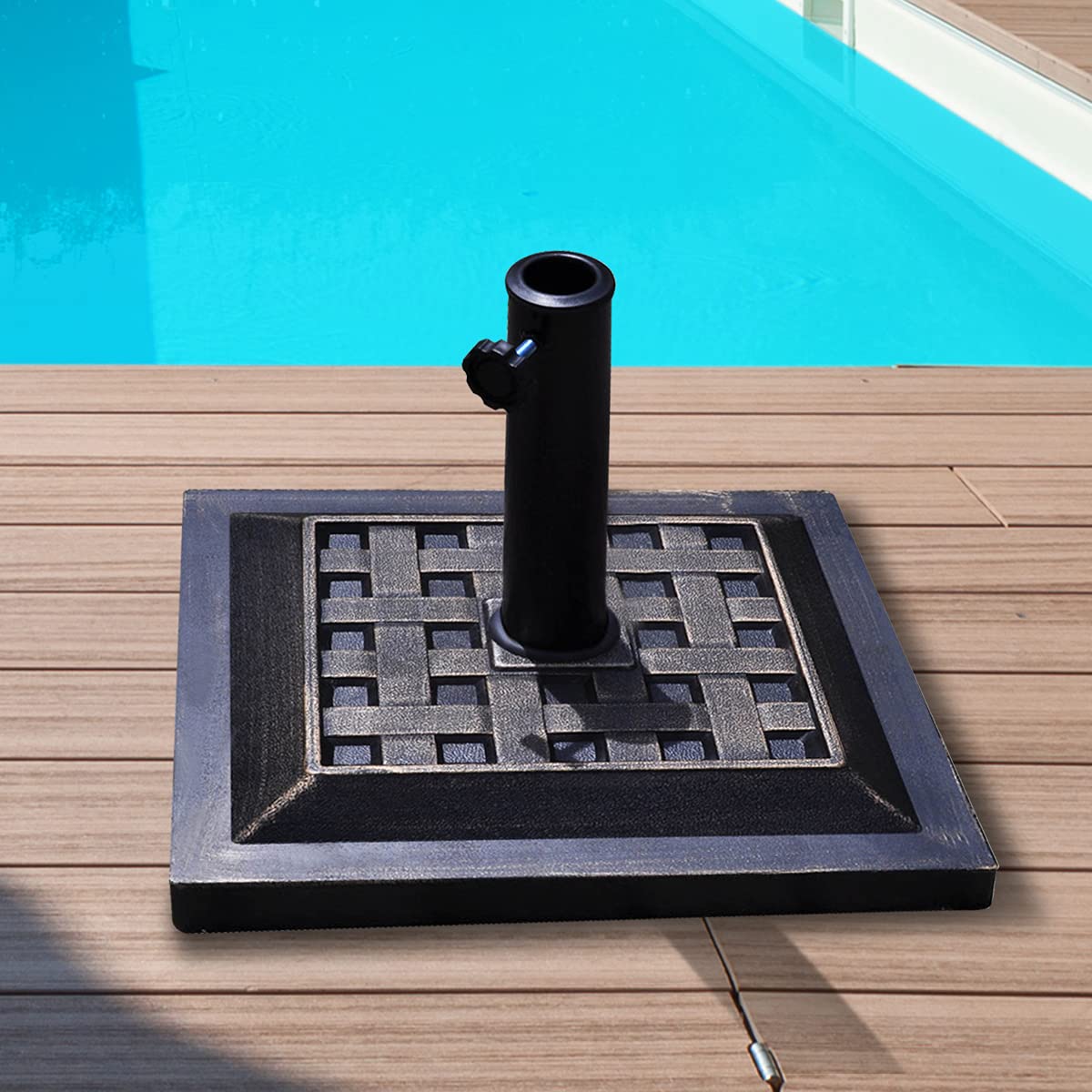 RELAX4LIFE Pied de Parasol Carré 12kg en Résine, Base de Parasol Lourde avec Tube en Acier Inoxydable pour Mâts Ø 38/48mm, Support de Jardin Stable et Robuste, Design Moderne, Noir
