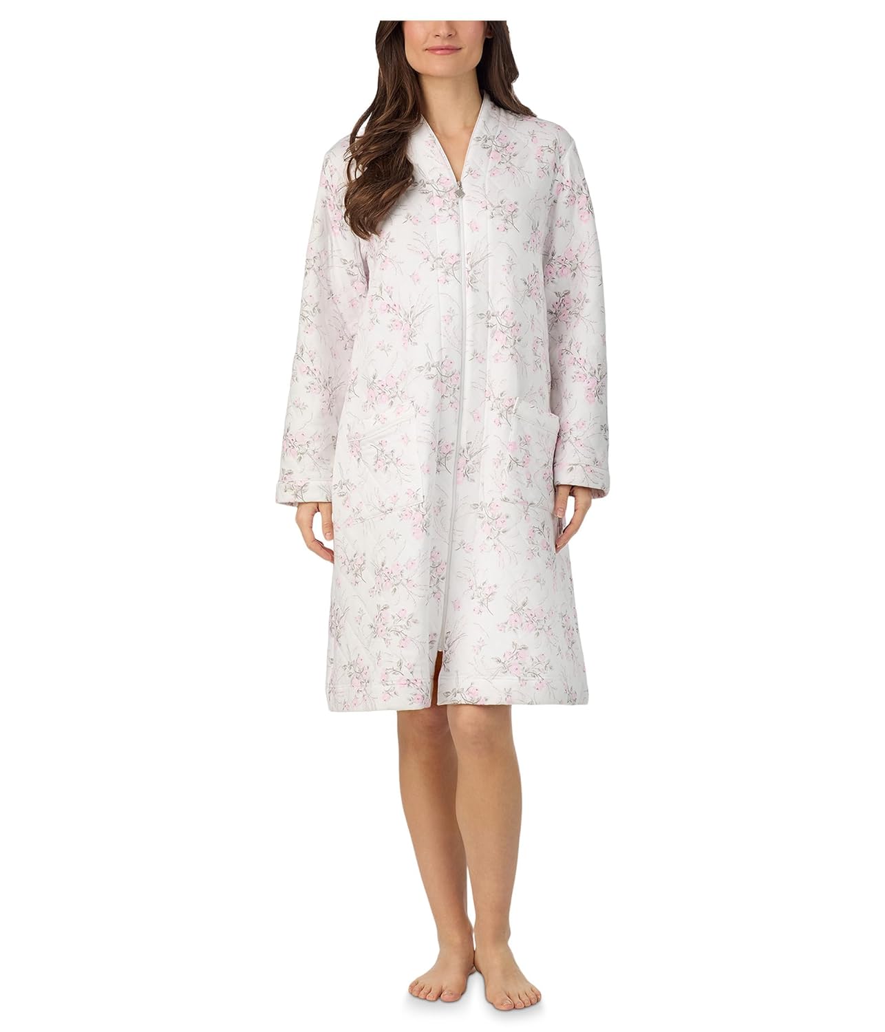 Eileen West Womens Cotton Knit Long Sleeve Diamond Quilt Zip Robe, White Ground Rose Bouqet, Large/X-Large