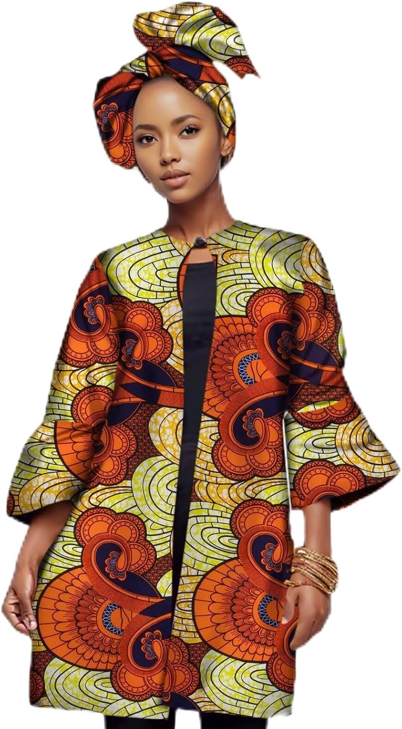 XIAOHUAGUA Women African Clothing Print Open Front Blouse Jacket Coat Outwear with Head Scarf Africa Clothes