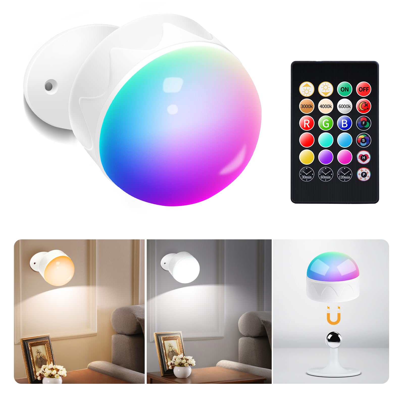 AHJ Lámpara de pared LED interior con batería, lámpara de pared inalámbrica, 3 niveles de brillo, 21 colores RGB, giratorio 360°, control táctil y mando a distancia