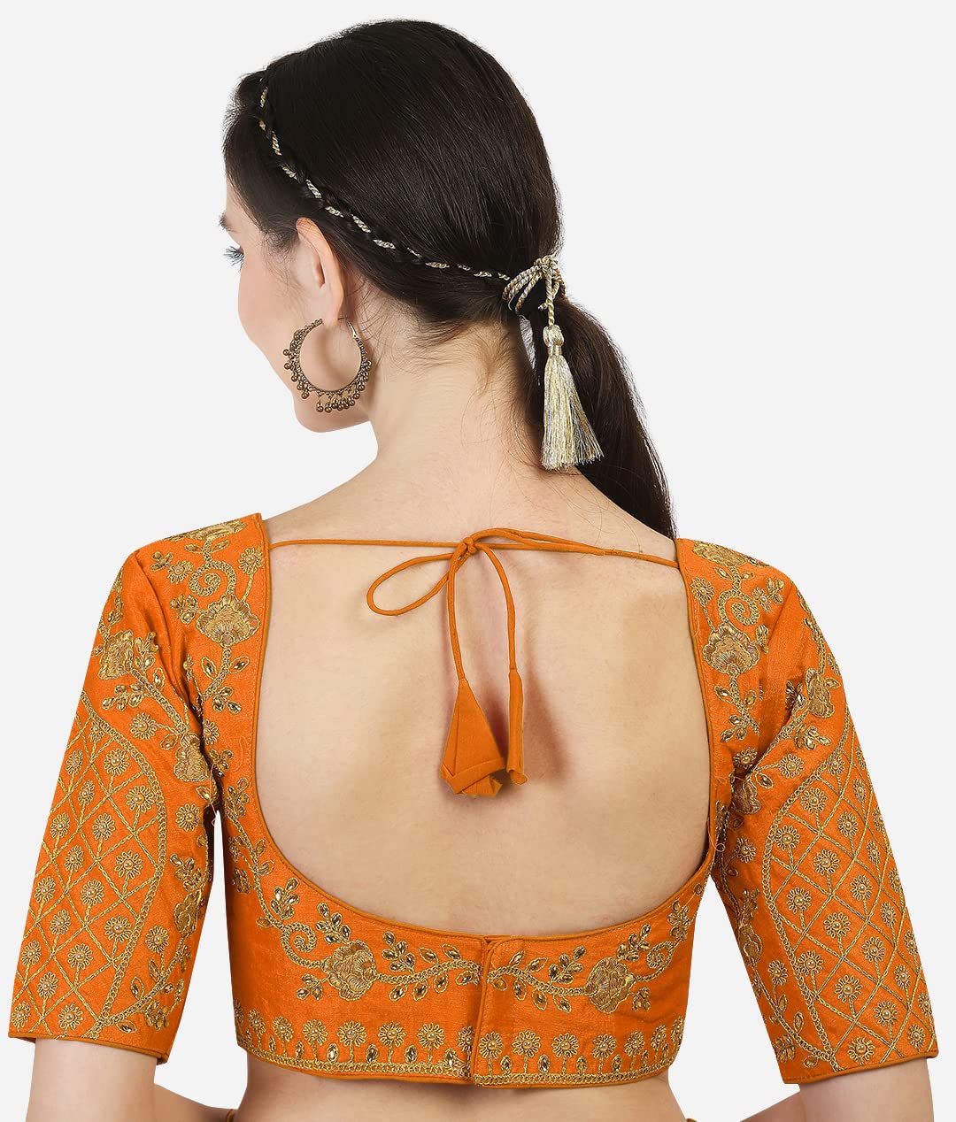 Vihu Fashion Women's Silk Floral Half Sleeve Blouse (Florall Orange 38_Orange_38)