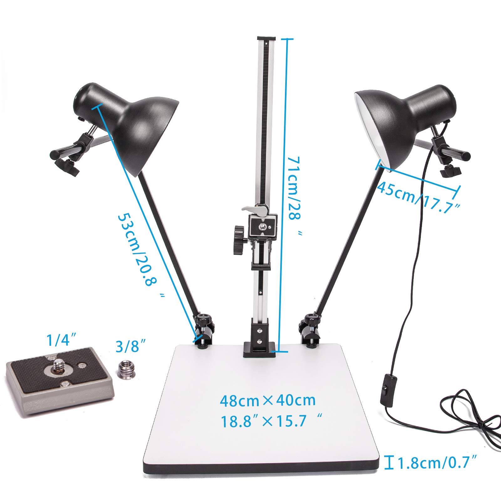 Photo Copy Stand Support de Copie avec 2xAmpoule E27 45W et Plaque de Déverrouillage Rapide pour DSLR Caméra Macro Shoot Vidéo, Reproduction Support Stand, Copy Light, Daylight Kit