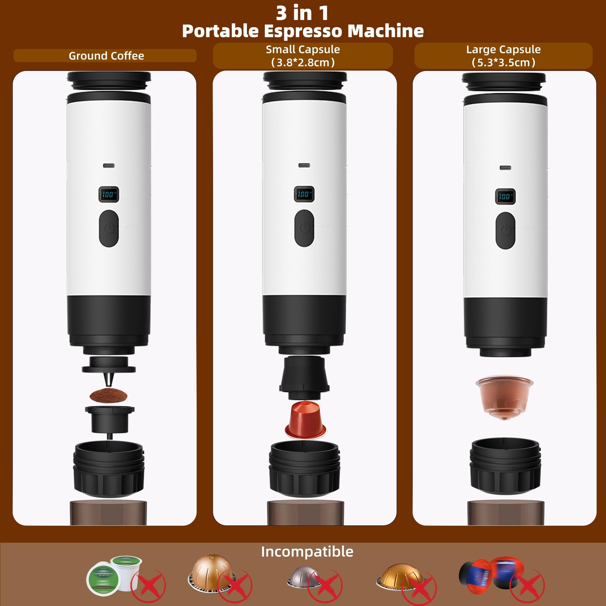 Macchina per caffè espresso portatile 3 in 1 con batteria | Macchina da caffè con funzione di riscaldamento | Ricarica di tipo C | Temperatura e indicatore batteria | Caffè da viaggio