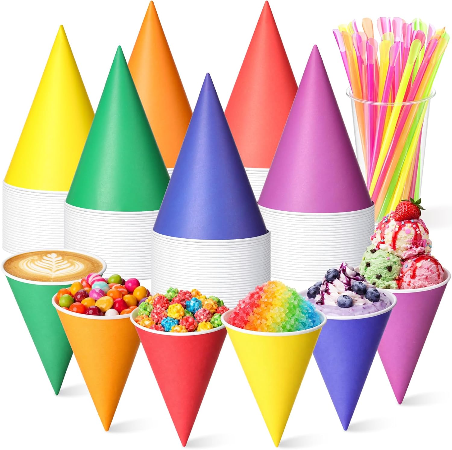 Honeydak 50 Pack 6oz Rainbow Snow Cone Cups with Straws Disposable Rainbow Paper Cone Cups, 6 Bright Colors, Slushie Shaved Ice Cream Sorbet for Carnivals Birthday Holiday Party Supplies