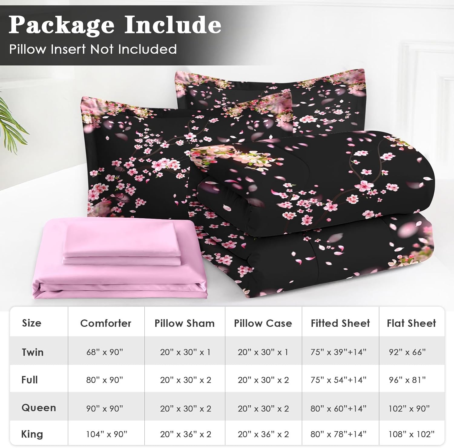 WeCozy 7 Pcs Queen Size Comforter Set with 2 Pillowcases & 2 Shams, Tree Flower Floral Bedding for Kids and Adults, Pink Cherry Blossom Bed in a Bag with Flat Fitted Sheet