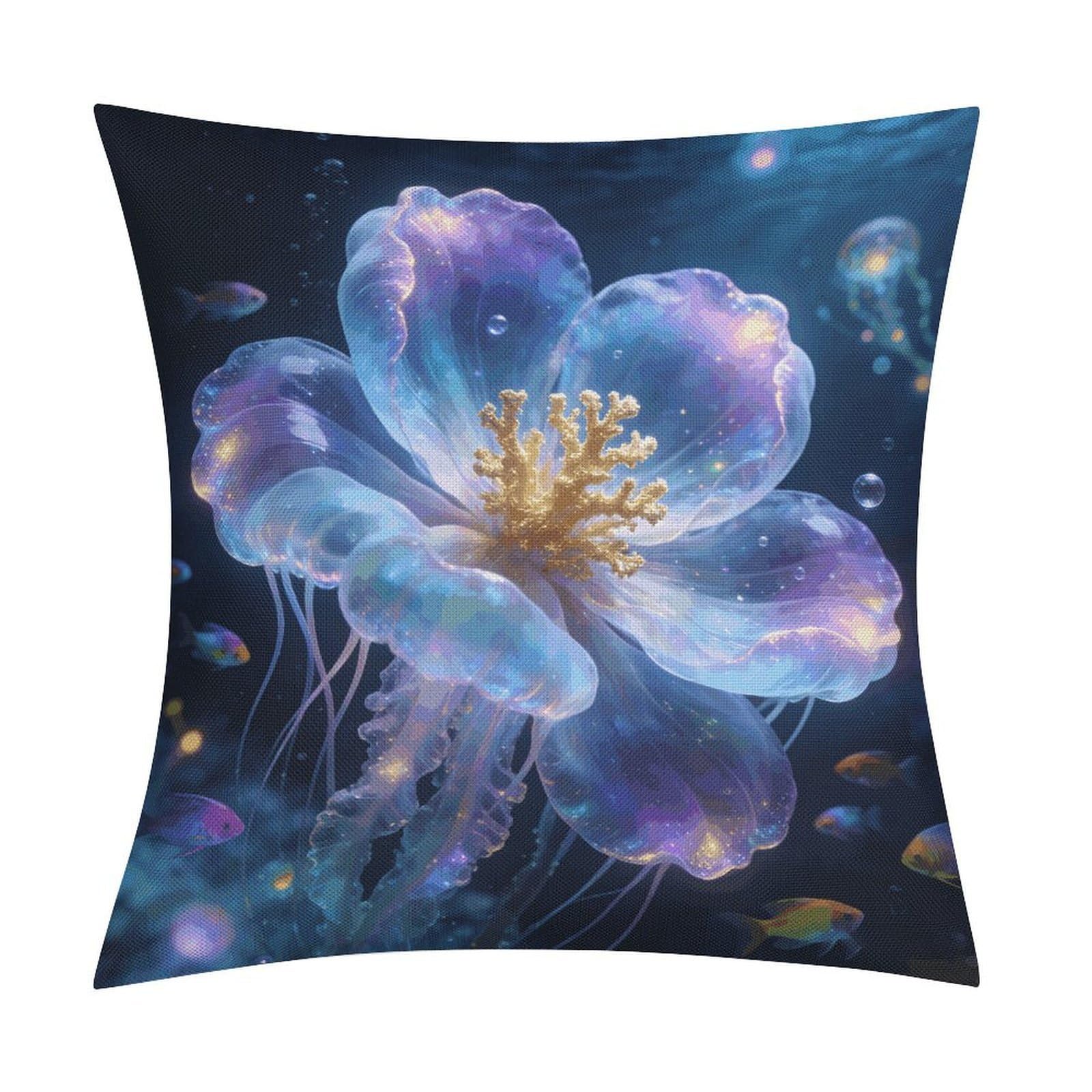 LZQPOEAS Oceanic Bloom Throw Pillow Covers, Waterproof Faux Linen Pillow Cases with Invisible Zipper, Decorative Square Cushion Covers for Sofa Couch Living Room Bedroom 18x18 Inch