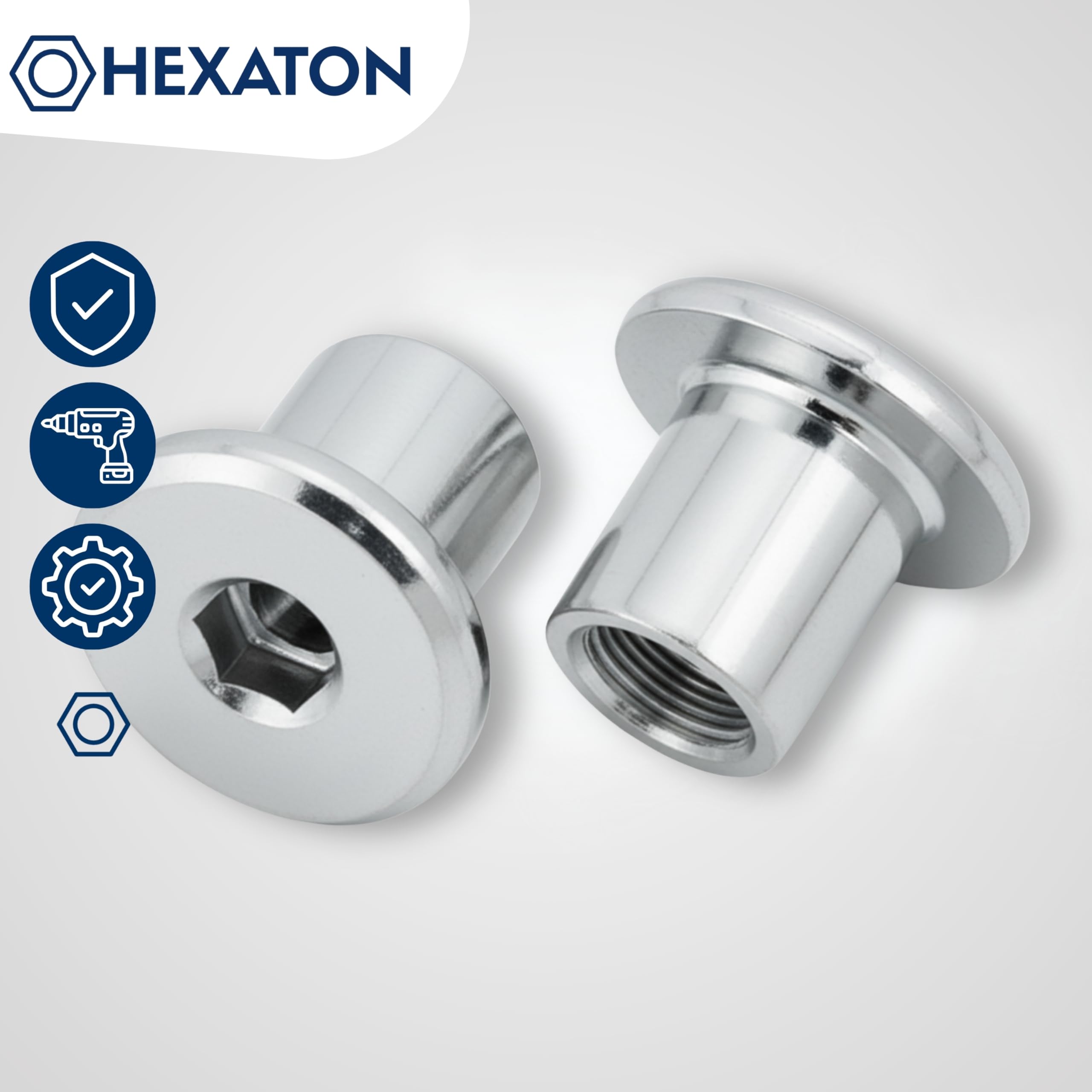 HEXATON Dadi a Manicotto M6 x 13 x 11 mm - 10 Pezzi - Dadi Esagonali per Mobili a Testa Piatta con Flangia e Cava Esagonale - Acciaio Zincato