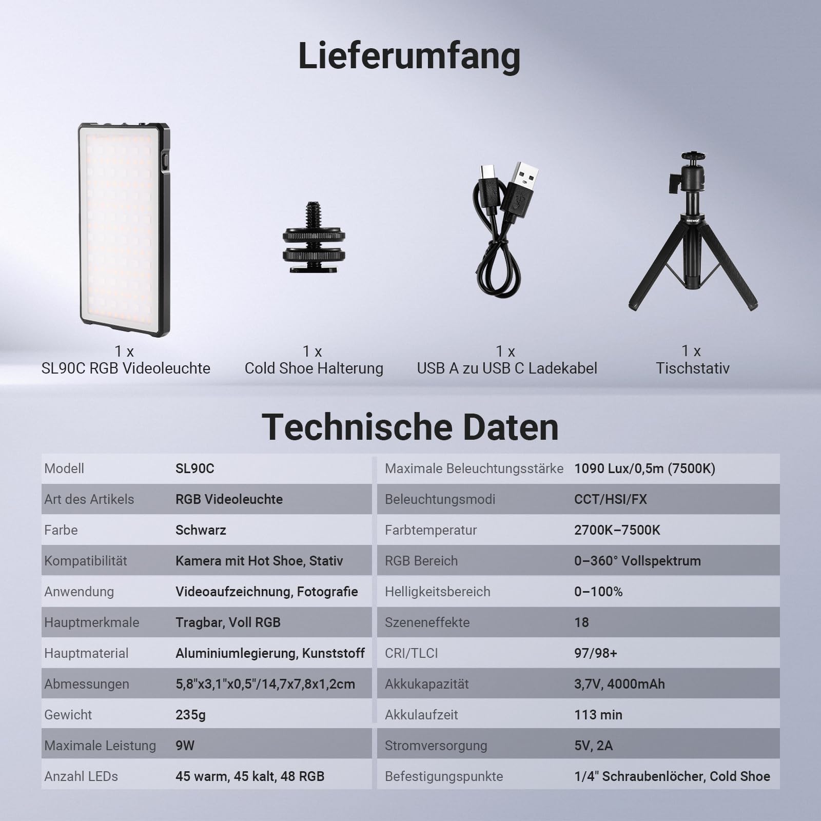 NEEWER Basics SL90C Voll RGB LED Kamera Videolicht mit Tischstativ | 8W, CRI97, 2700K-7500K, 17 Scenes, 4000mAh, Metall Tragbares kleines LED Panel Licht, DSLR Streaming Fotografie Lighting